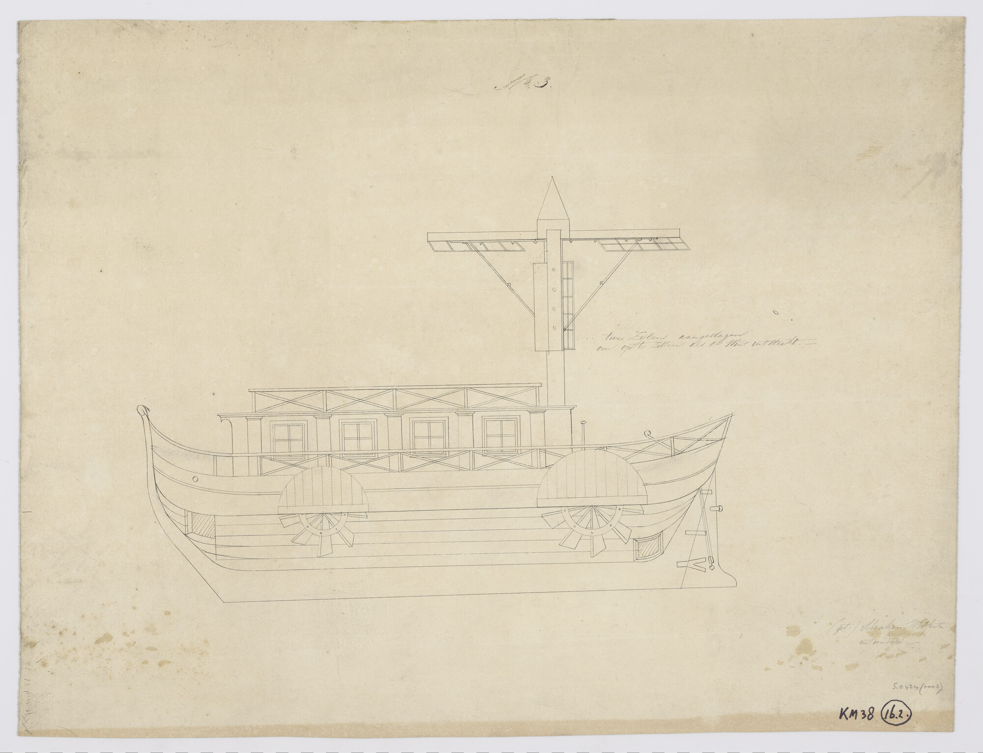 S.0424(01)02; Zijaanzicht van het houten schip met dekhuis; twee stelsels van schepraderen; buitenboordopeningen en mast met windvanen als uitvinding van Abraham Wolferts, Bergen, Henegouwen, België; technische tekening