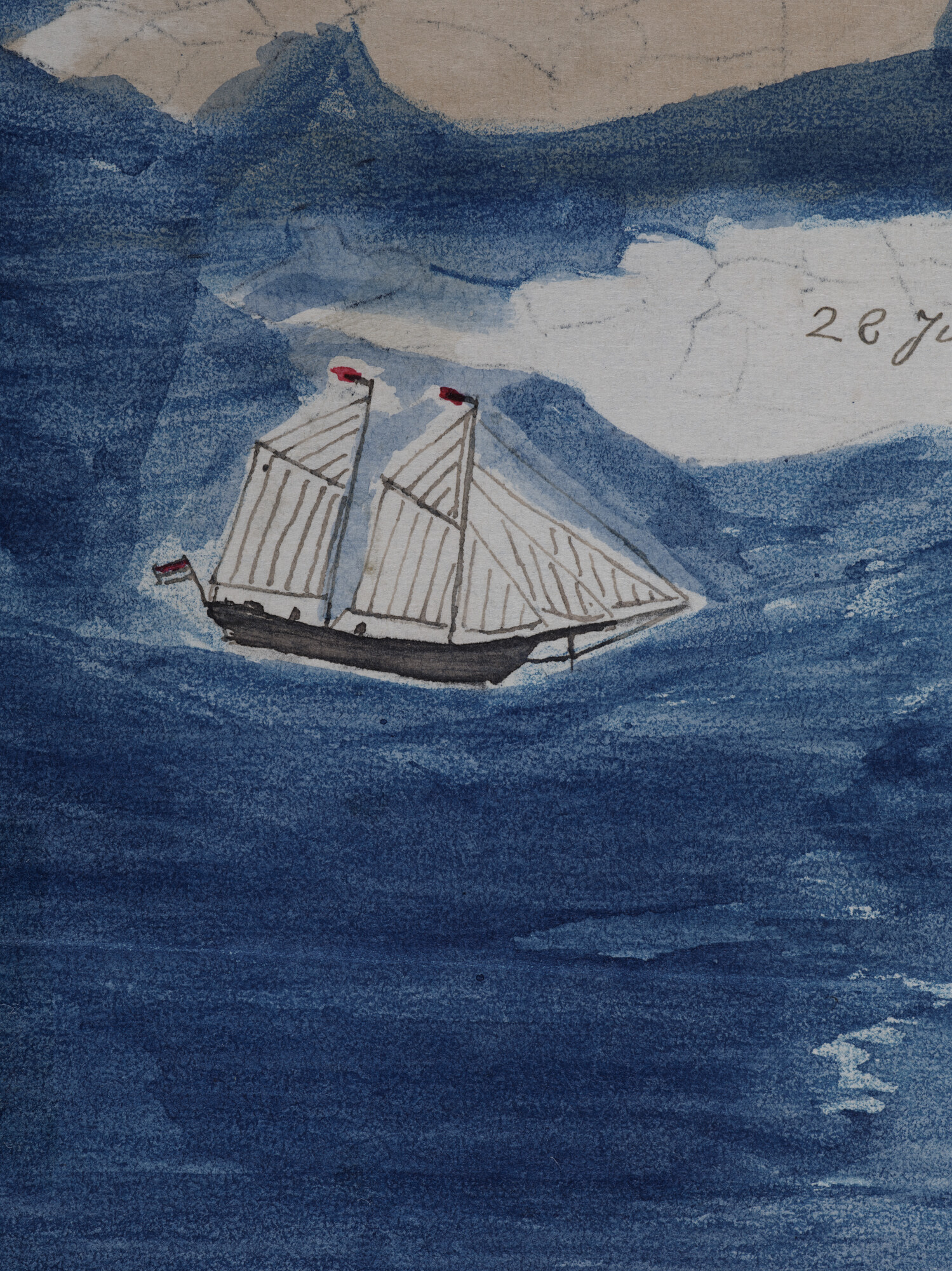 2008.0453; Tekening van de poolschoener Willem Barents tussen drijfijs op de Barentszzee; tekening