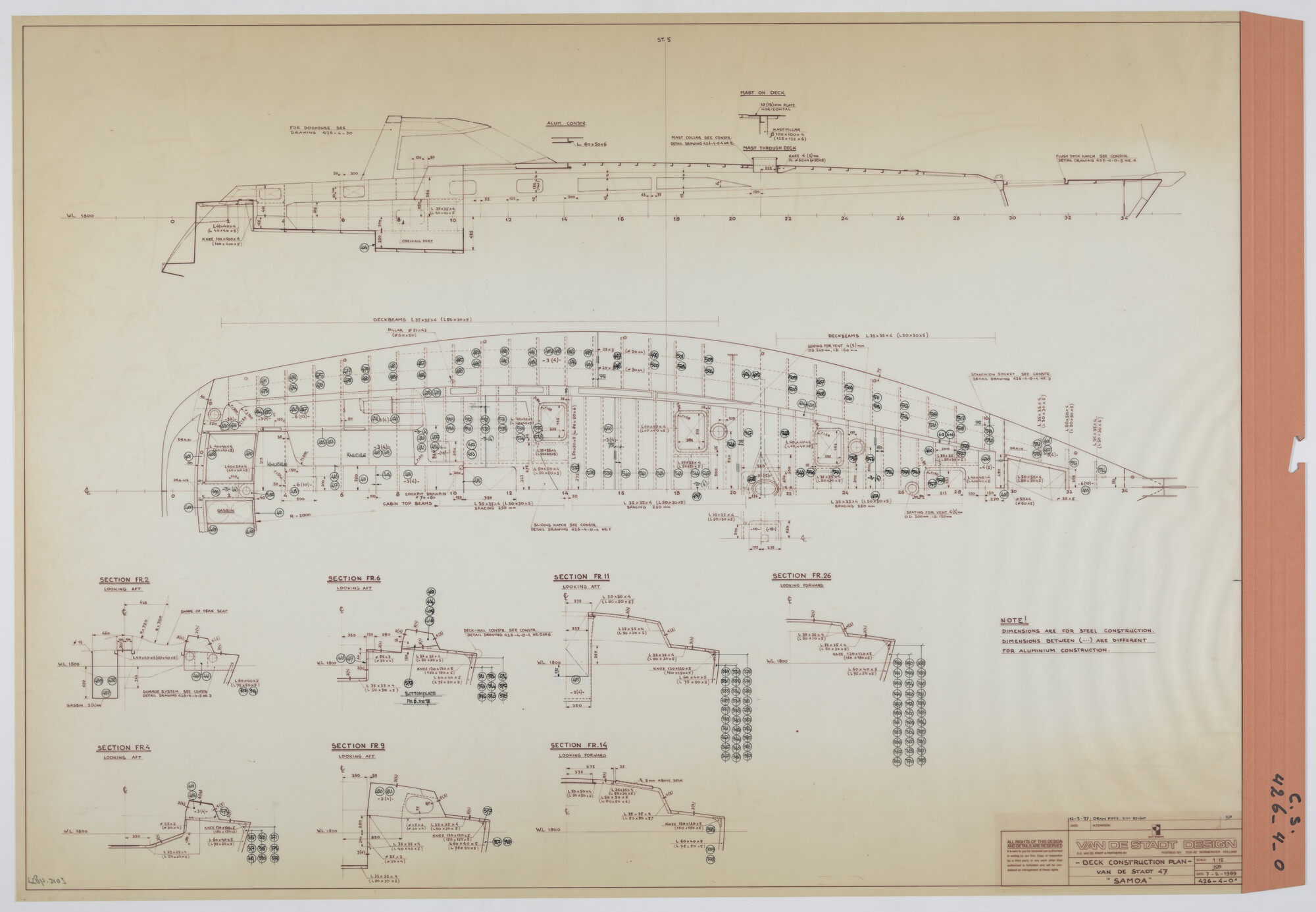 2015.4833; Constructieplan dek Van de Stadt 47' - Samoa; technische tekening