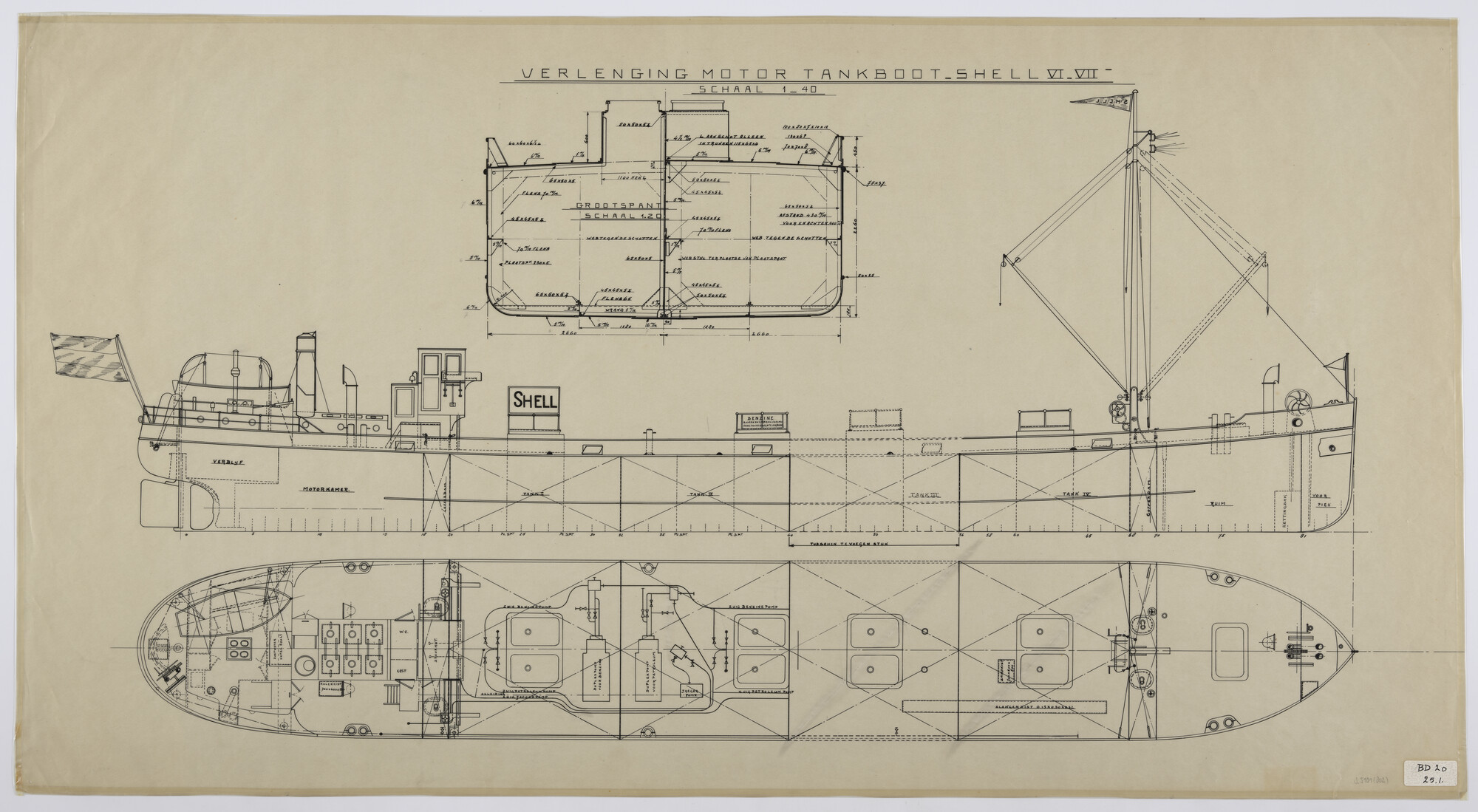 S.5181(802); Plan verlengde motortanklichter voor Shelltankschepen; technische tekening