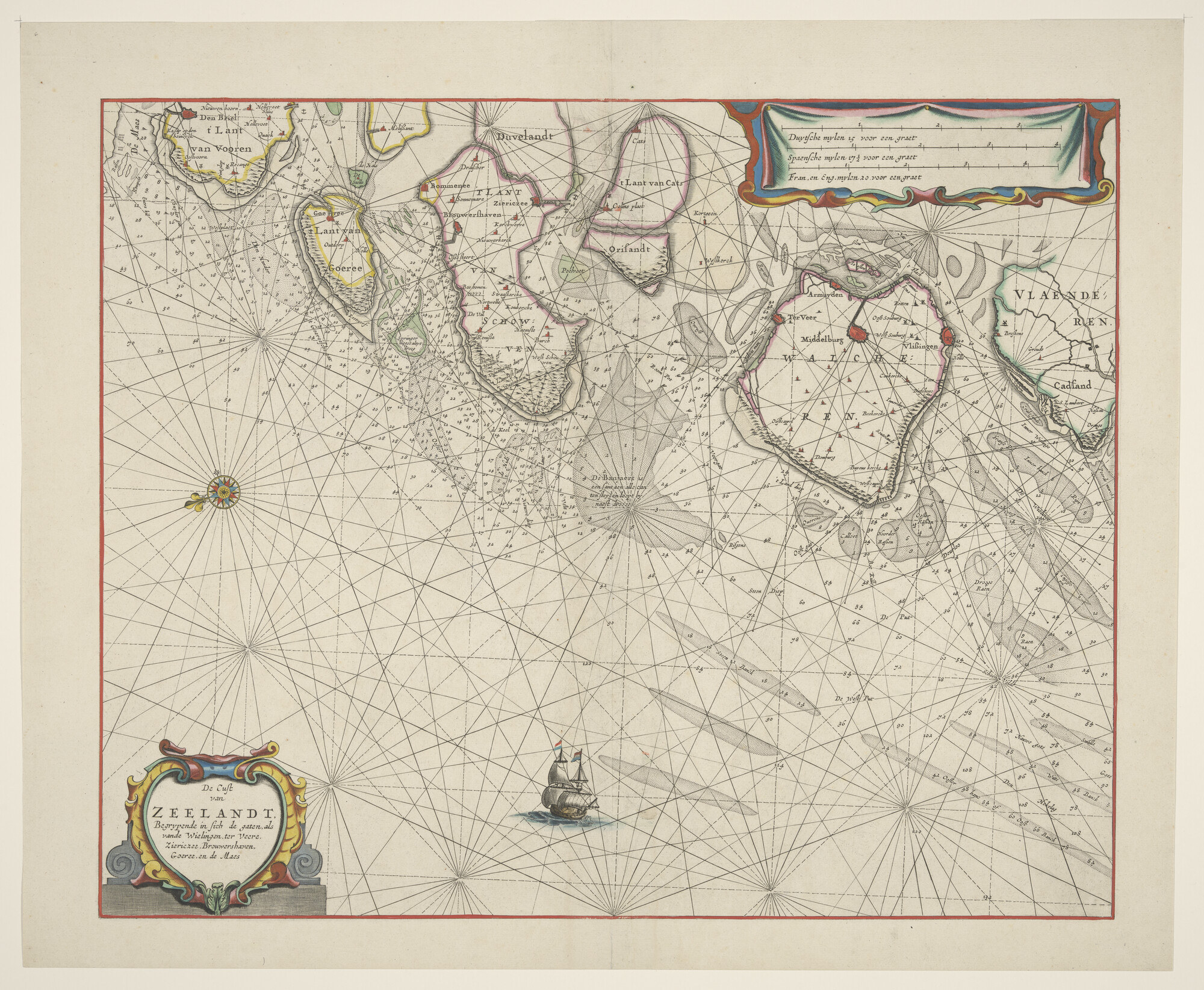 A.3845(01)077; Met de hand gekleurde kaart van de kust van Zeeland met de zeegaten Wielingen; zeekaart