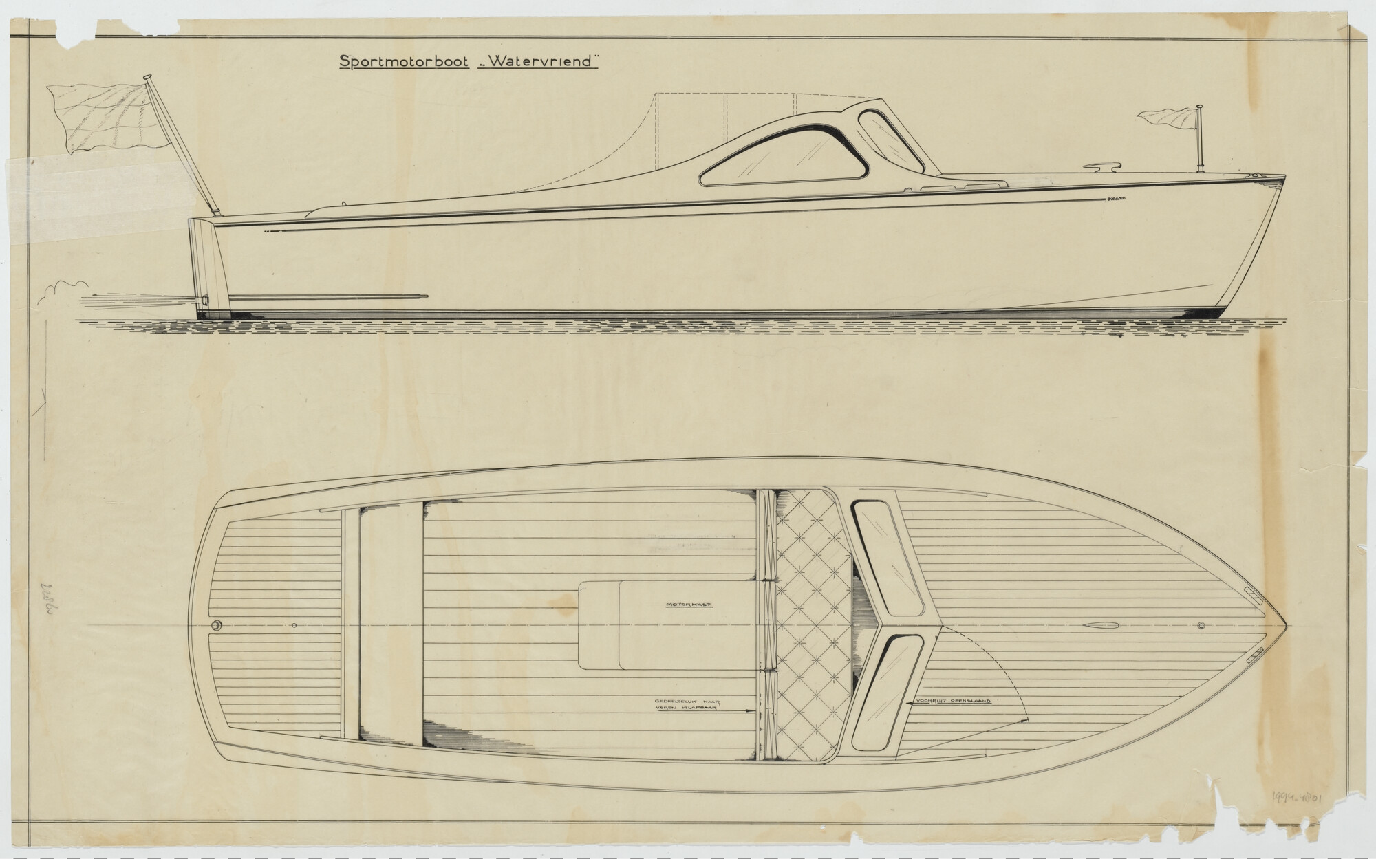 1994.4801; Algemeen plan van de sportmotorboot Watervriend; technische tekening