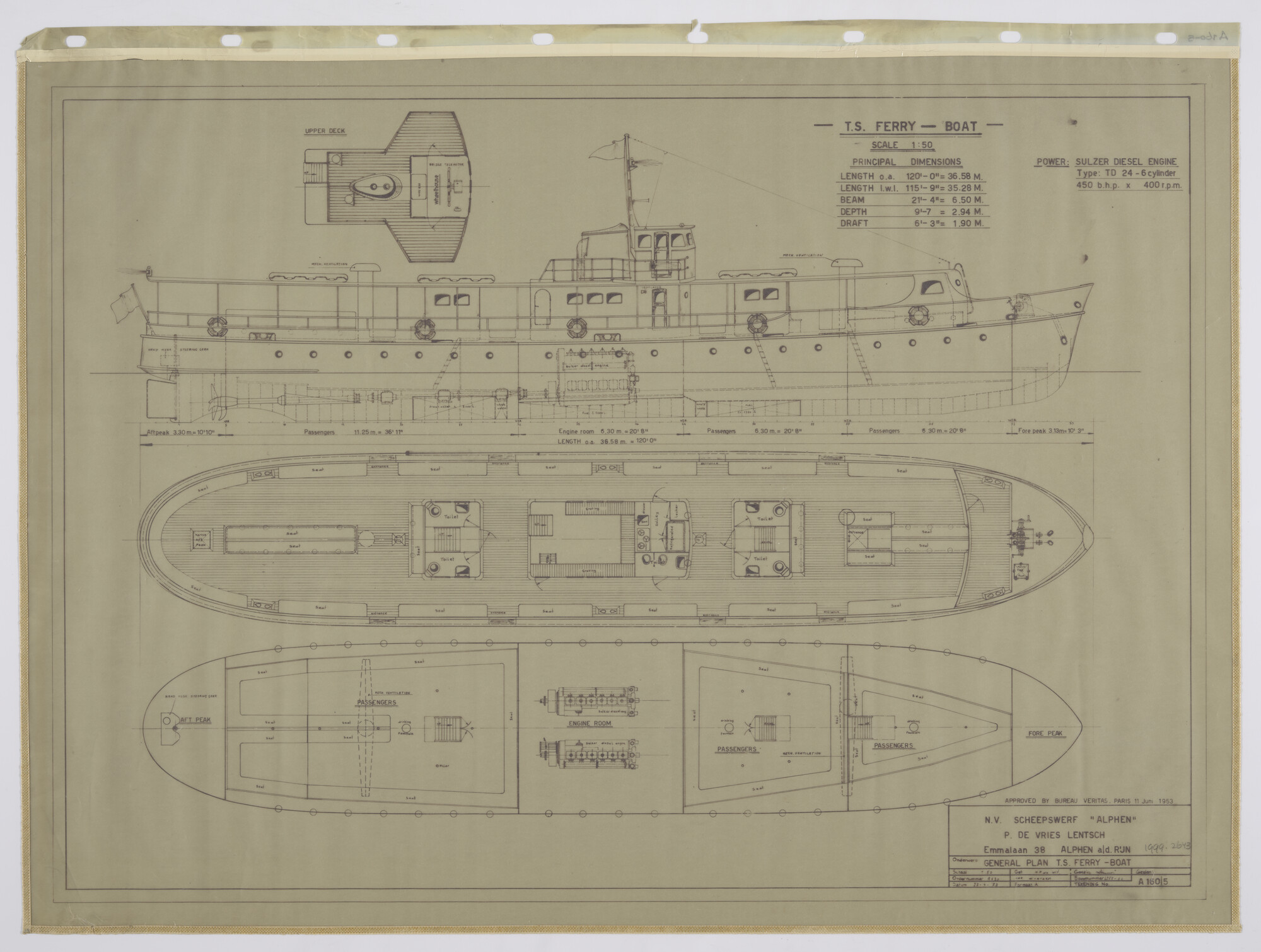 1999.2643; Algemeen plan van een veerboot voor Brazilië; technische tekening