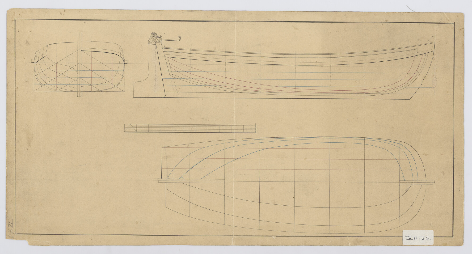 A.0132(02)37; Zijaanzicht, bovenaanzicht, grootspant, spantenraam, verticalen, senten en waterlijnen van een sloep; technische tekening