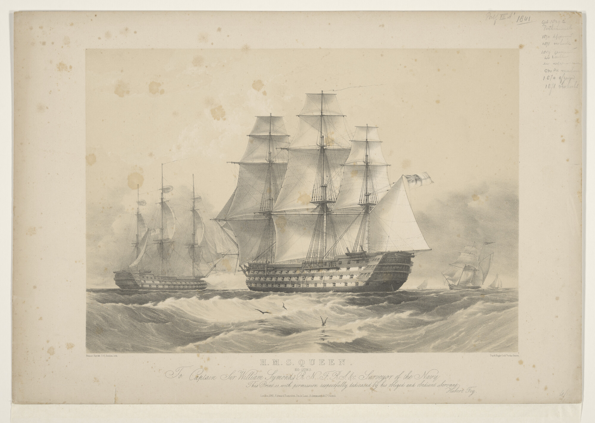 S.2284(05); Het Britse linieschip HMS 'Queen' op volle zee; prent