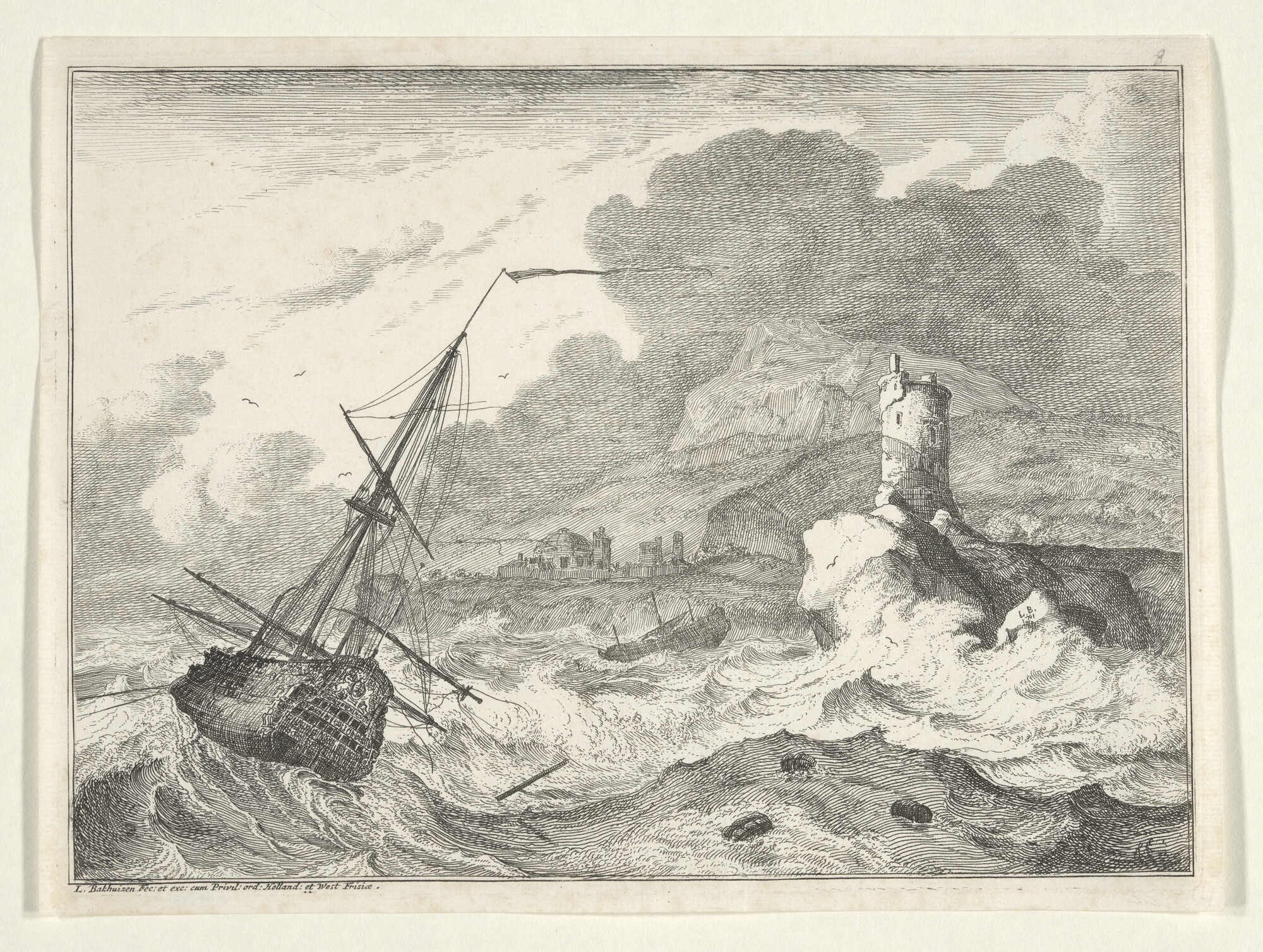 A.0149(0043); Uit de serie D'Y Stroom en Zeegezichten: Engels oorlogsschip in stormweer ten anker aan lager wal; prent
