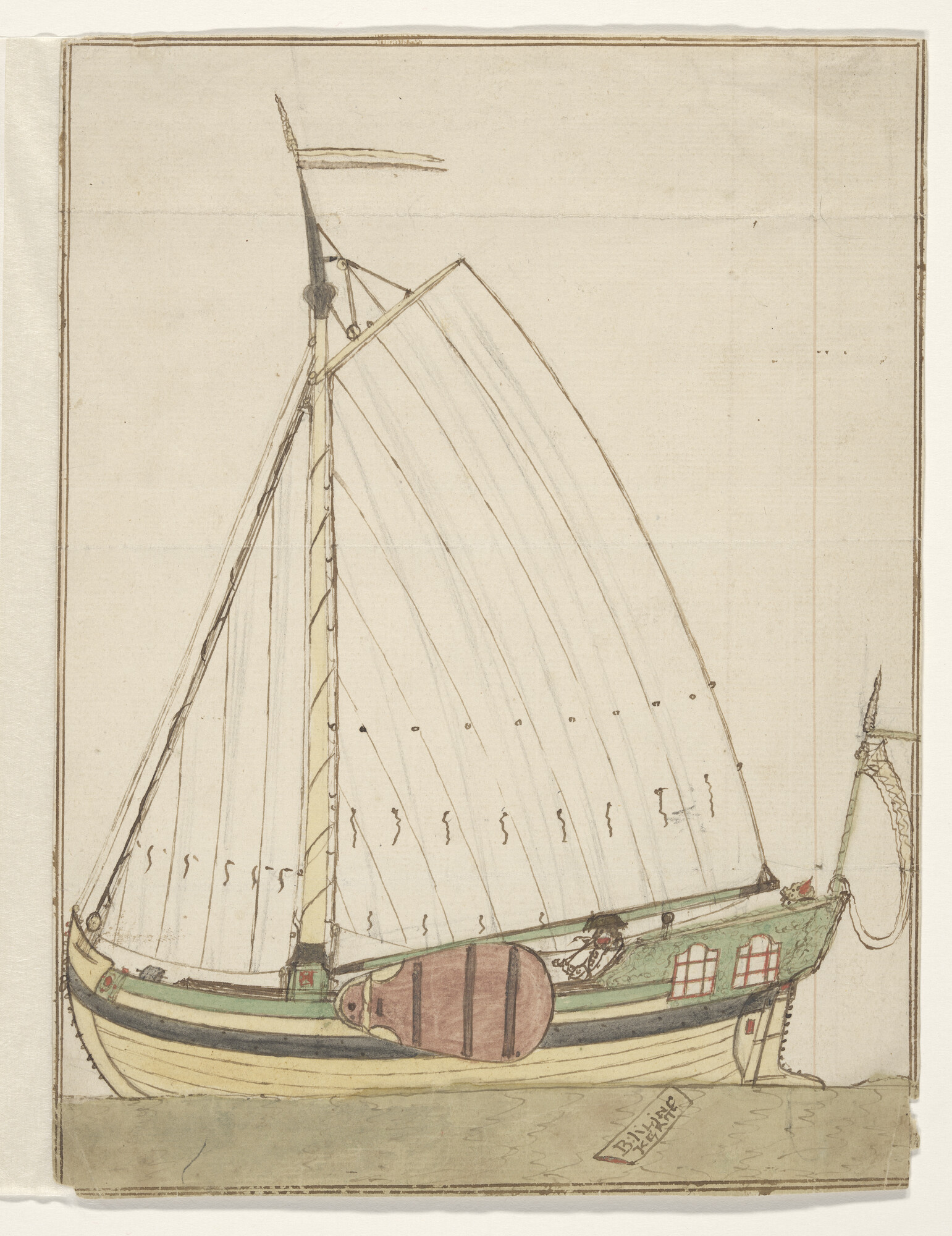 S.4317(39)b2; Een spiegelpaviljoenjacht met aan dek een pijprokende man; tekening