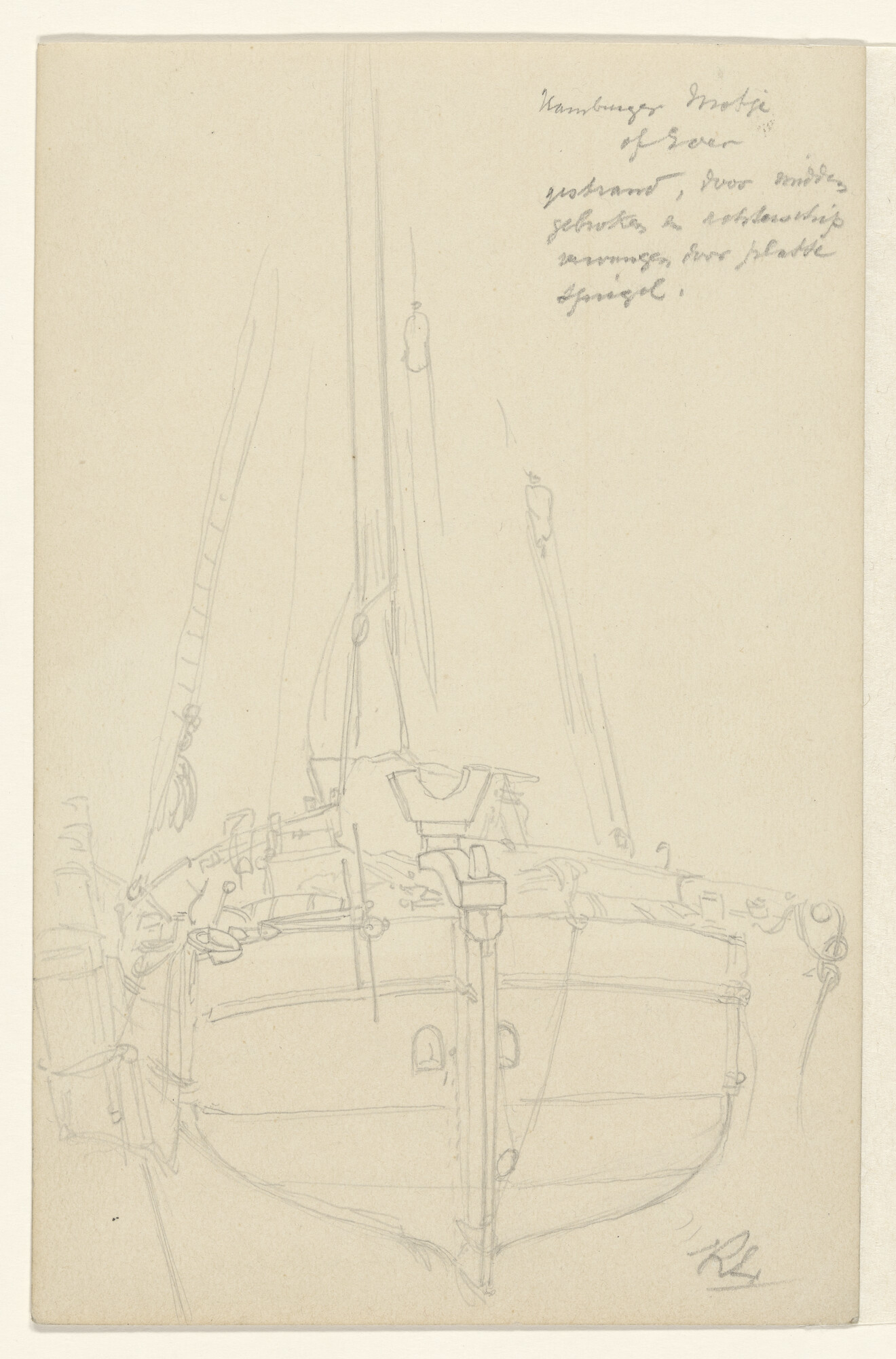 S.2931(06)2; Achterschip van een verbouwde tjalk, beurtman tussen Amsterdam en Ameland; tekening