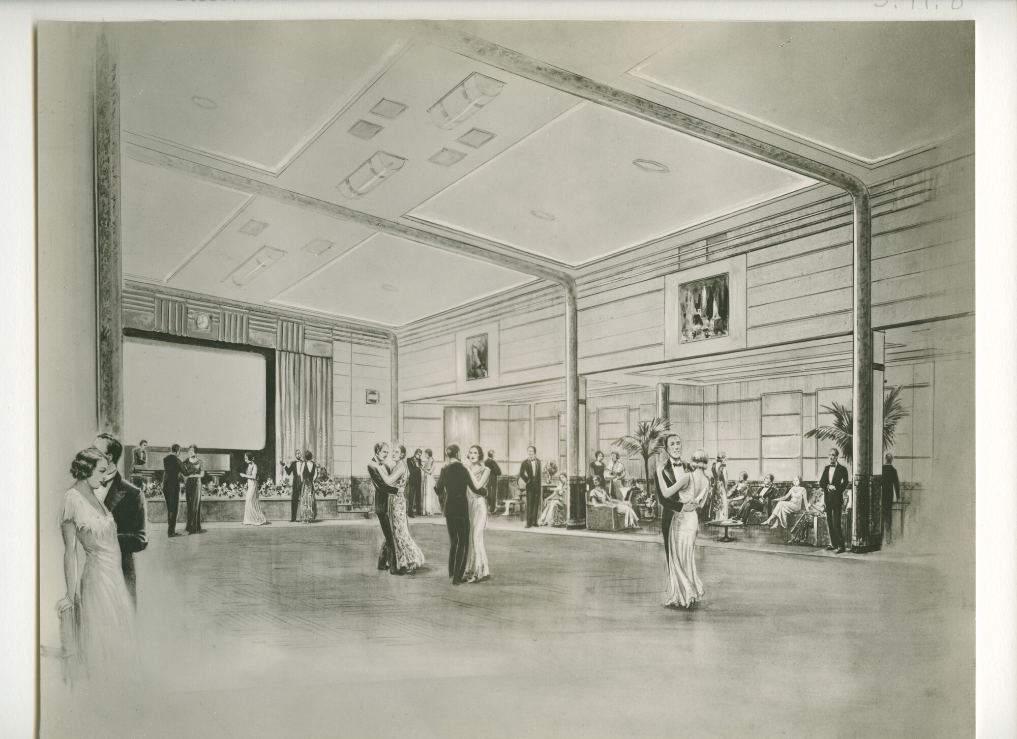 S.6507(01)3974; Artist's impression een balzaal tevens filmzaal aan boord van RMS s.s. Queen Mary (1936-1967); foto