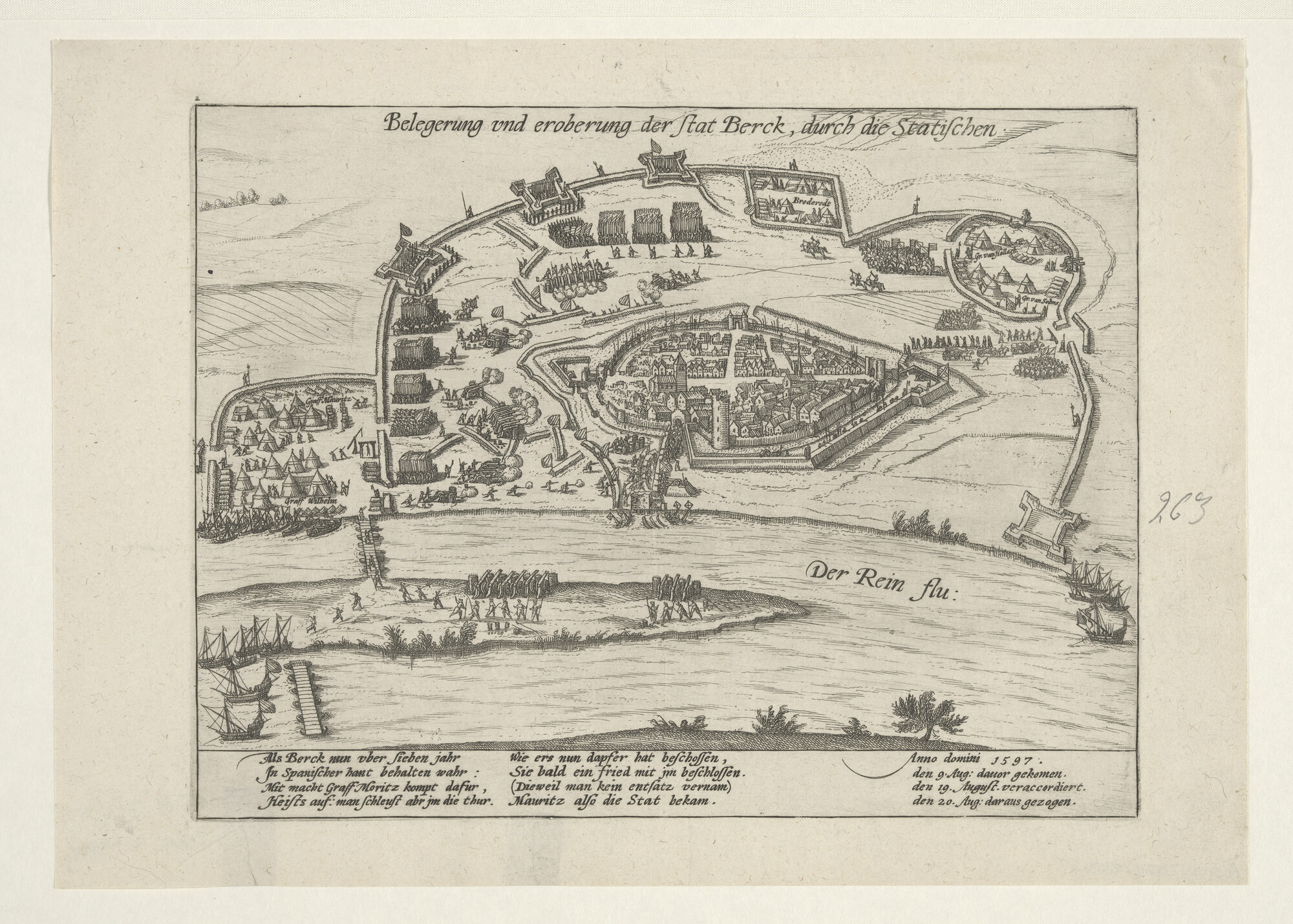 A.0145(027)323; Maurits belegert en neemt Rijnberk, 20 augustus 1597; prent