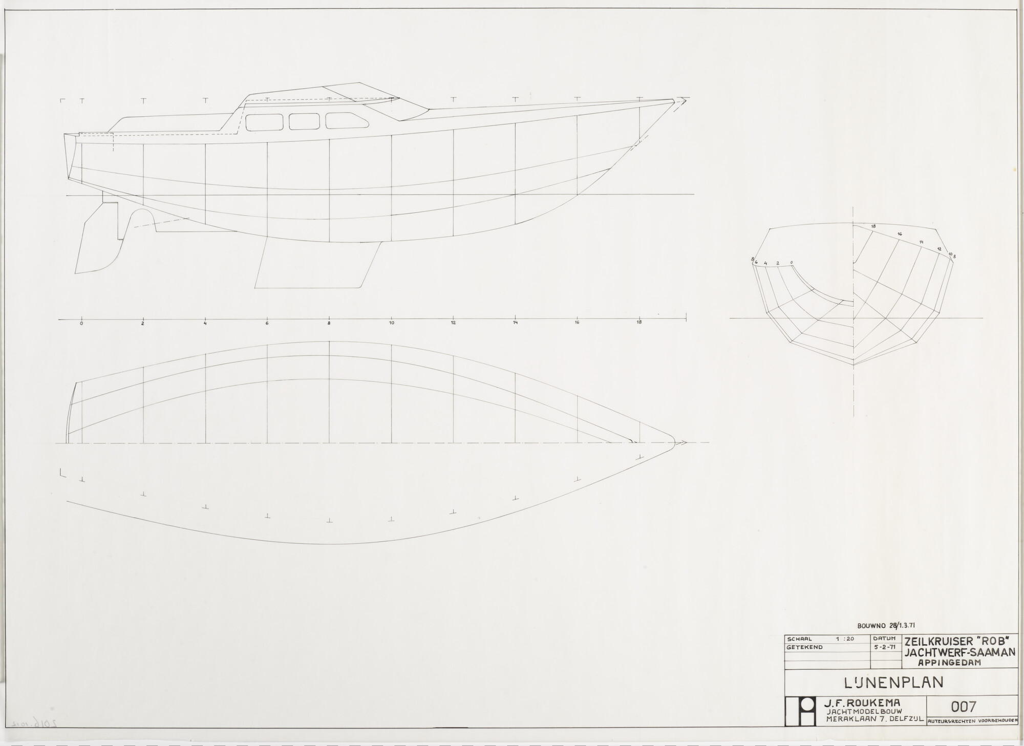 2016.1012; Werktekening scheepsmodel van de zeilkruiser Rob; technische tekening