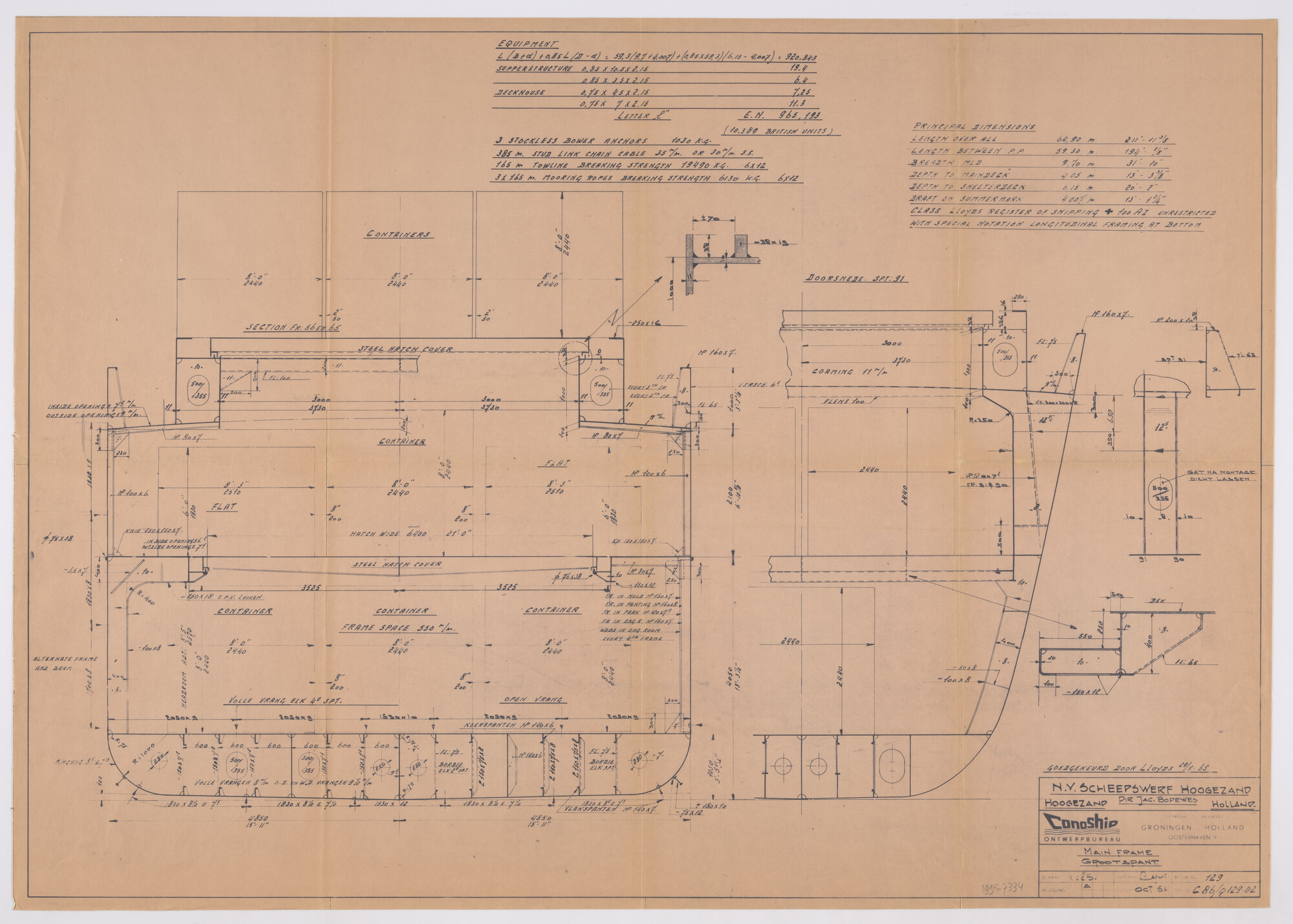 1995.7334; Grootspanttekening (1:25) van het containerschip Owenro van Greenore Ferry [...]; technische tekening