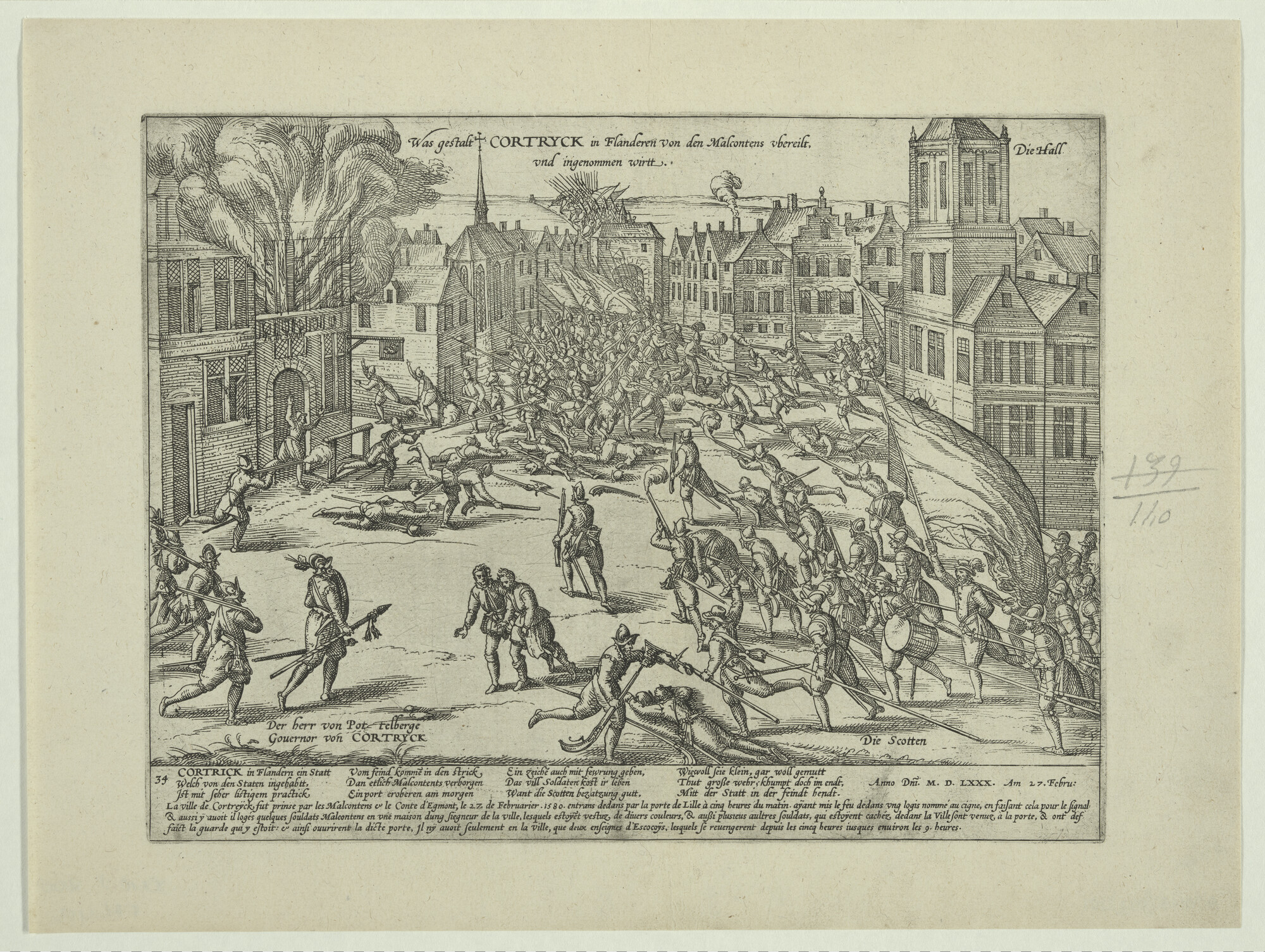 A.0145(027)201; Kortrijk door de Malcontenten genomen, 27 februari 1580; prent