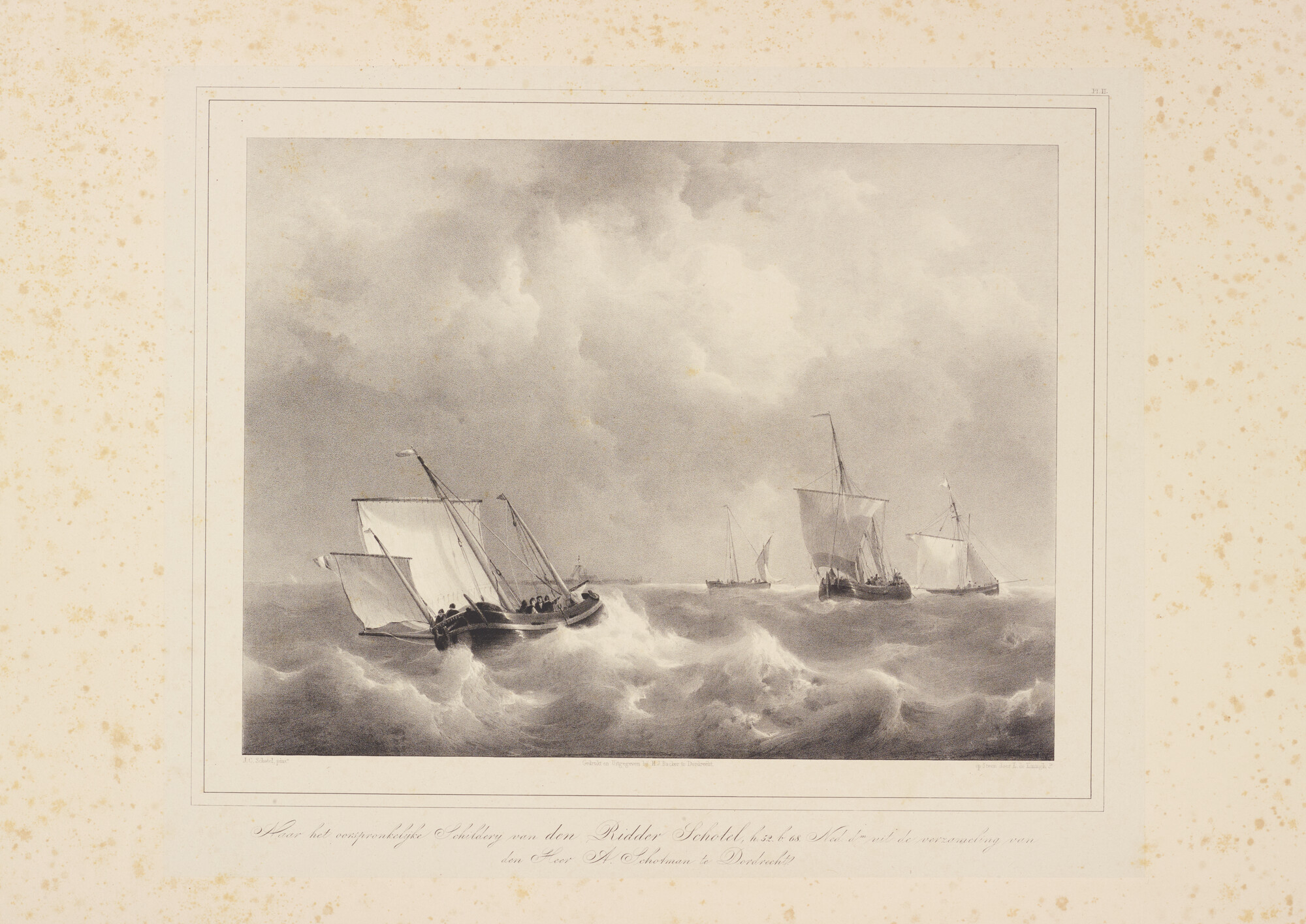 A.0357(03)5; Vissersschepen op woelig water nabij een havenhoofd; prent