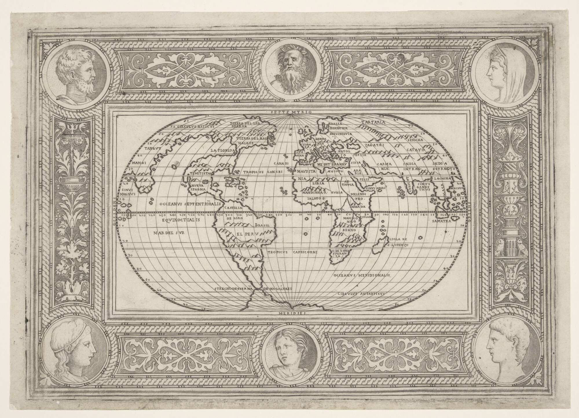 A.0145(197)04; Wereldkaart door Giorgio Callapoda (werkzaam 1537-1565) uitgegeven Venetie, circa 1555; wereldkaart