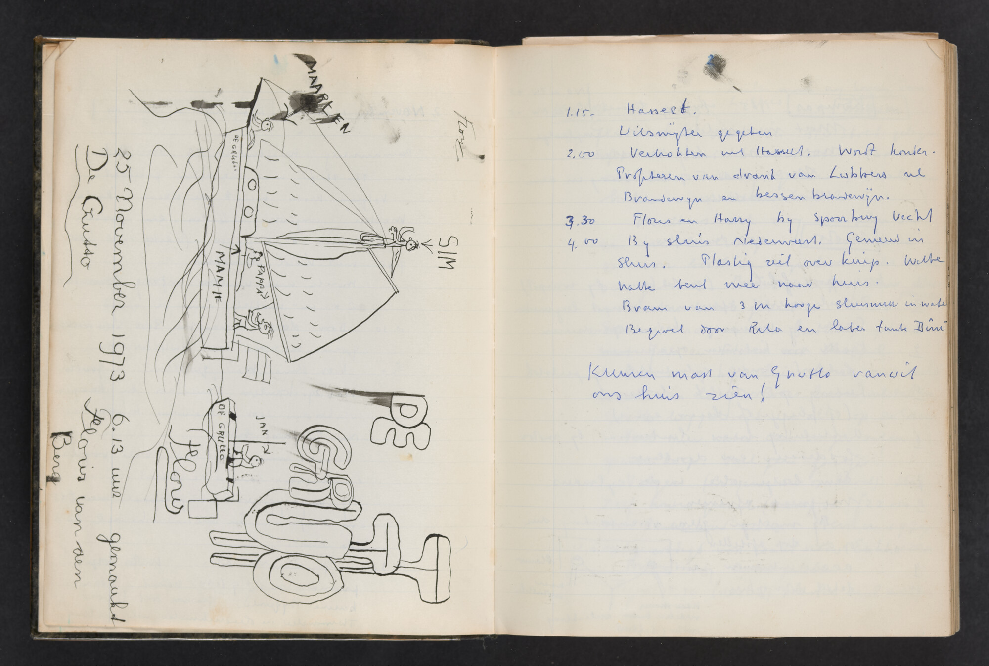 2017.0802; Logboek c.q. fotoalbum van reizen met zeeschouw Grutto (II) in Nederland, Duitsland en Denemarken, 1973-1974; logboek