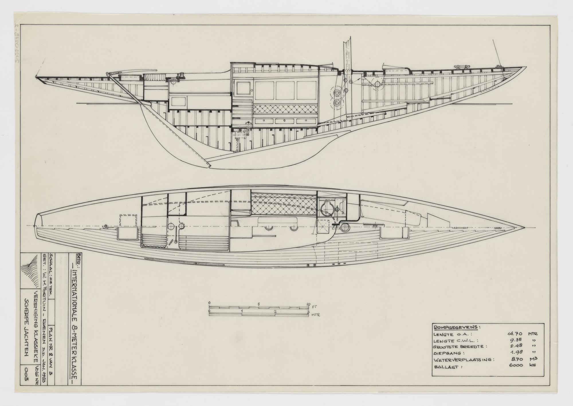 2023.0275-2; Technische tekening van een Internationale 8 meter klasse zeiljacht; technische tekening