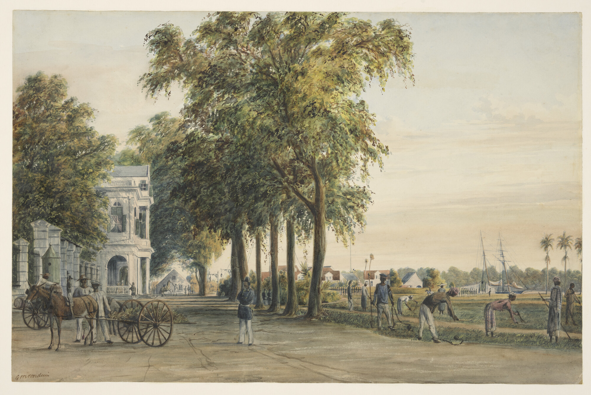 A.3504(10); Strafarbeiders werkzaam bij de Tamarindelaan tegenover het Gouvernementshuis; tekening