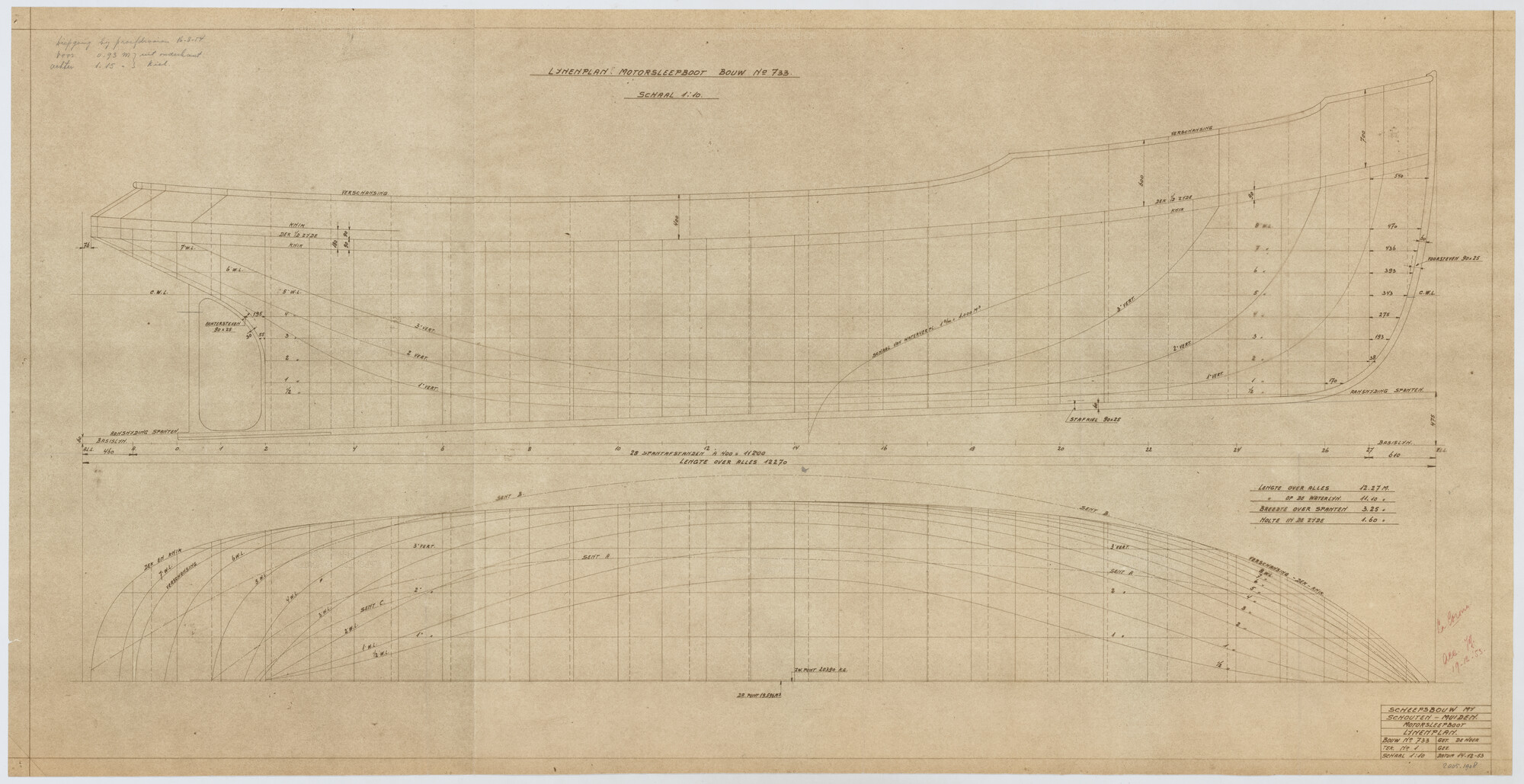 2005.1908; Lijnenplan van een motorsleepboot; technische tekening
