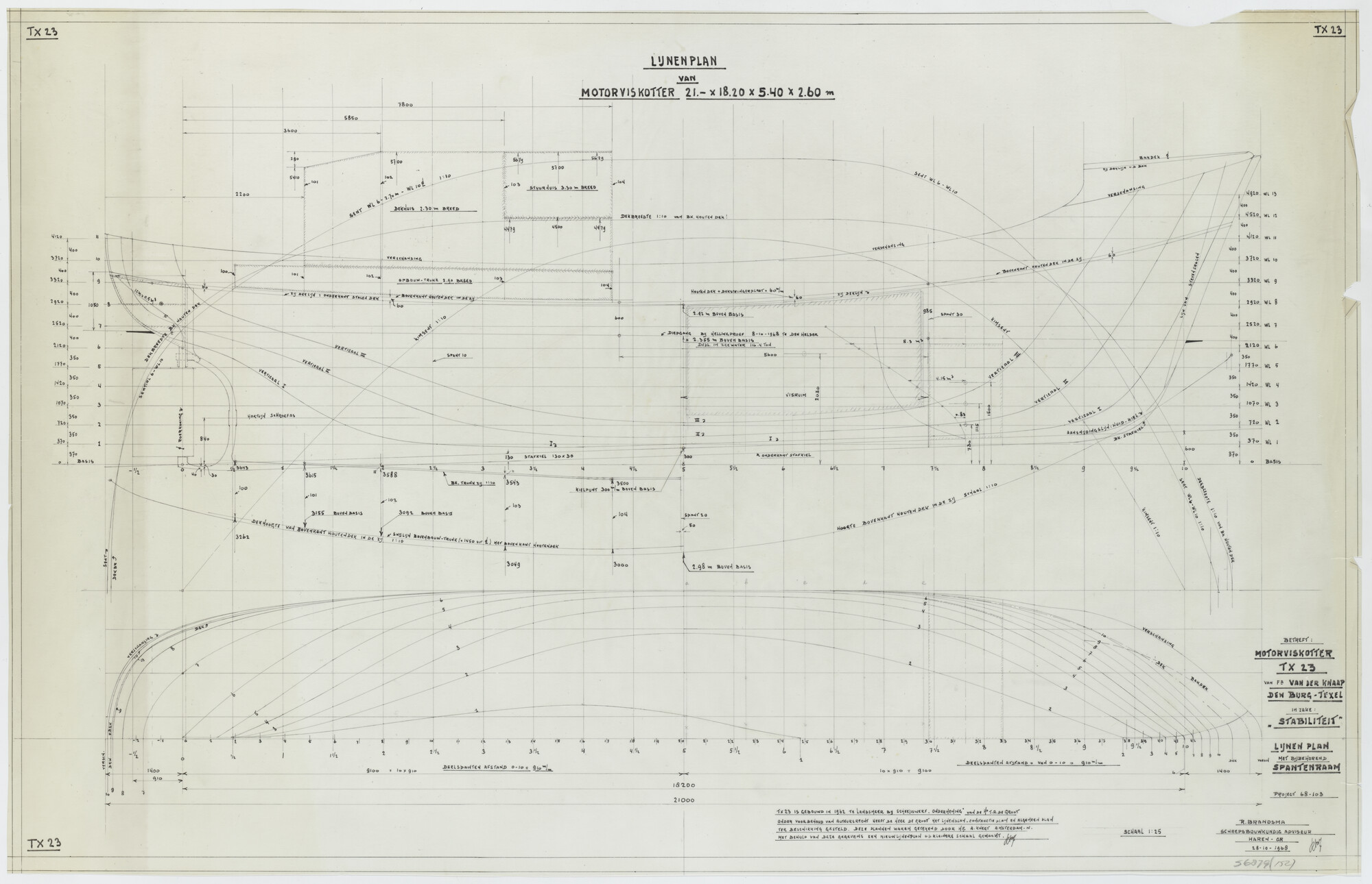 S.6879(152); Lijnenplan van de viskotter 'Anna Klazina' (TX 23); technische tekening