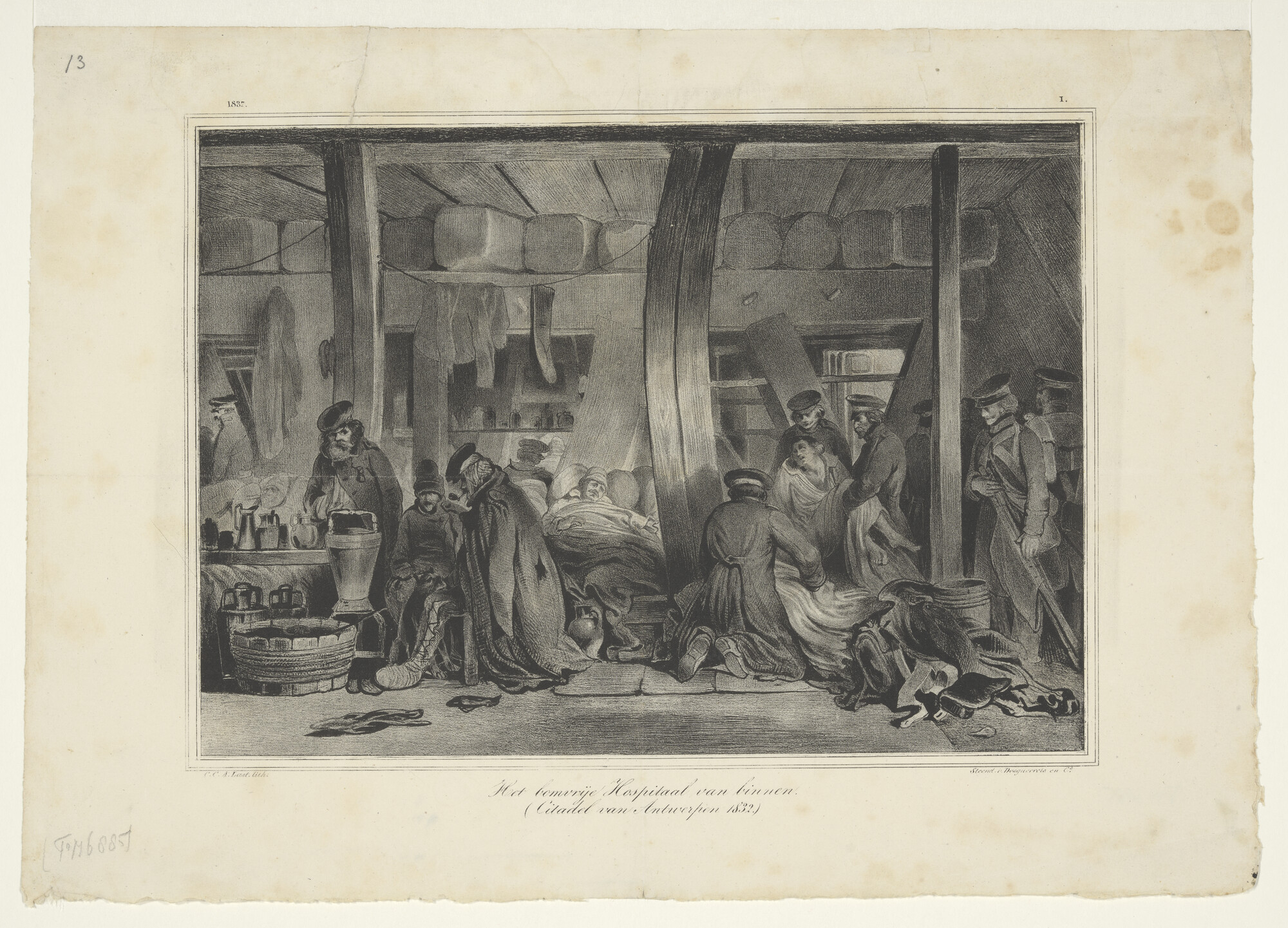 B.0209(17)14; Het beleg van de citadel van Antwerpen: gezicht in het bomvrije hospitaal; prent