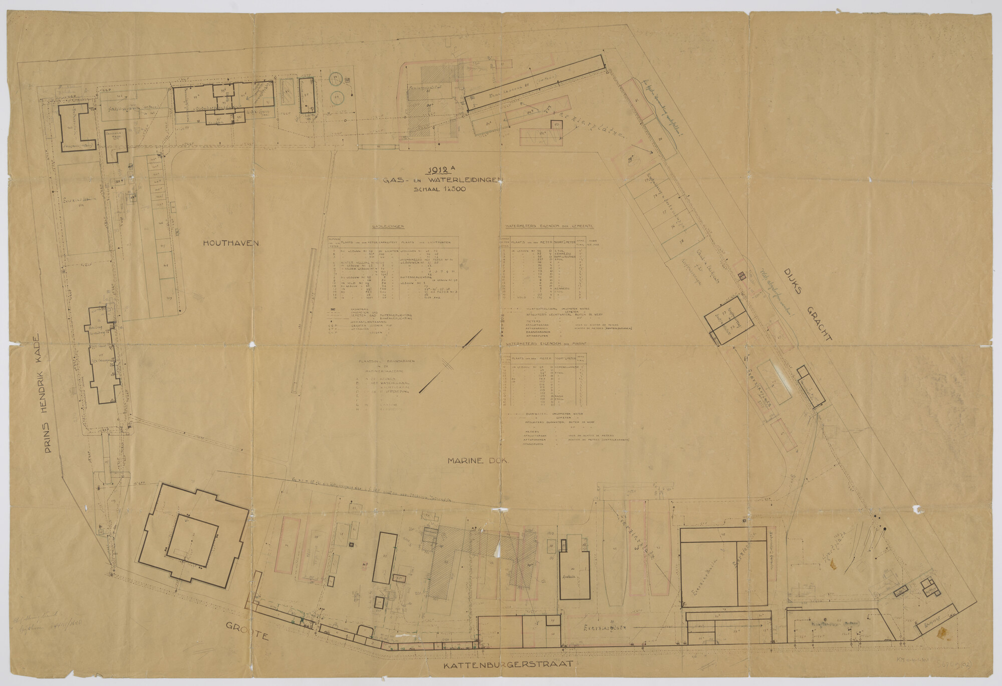 S.6789(02); Een plattegrond van de Rijkswerf te Amsterdam (1912) met gas- en waterleidingen; technische tekening
