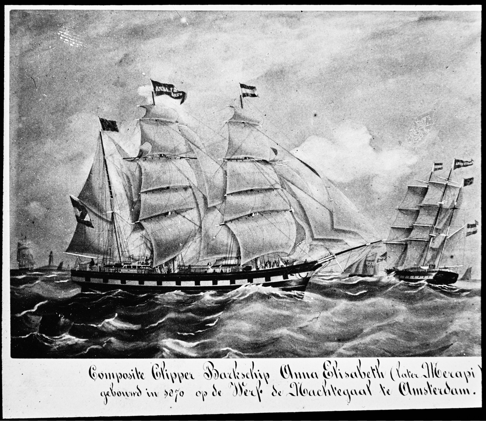 S.1156(06)110; Lantaarnplaatje van een tekening gemaakt door J. Spin van het barkschip 'Anna Elisabeth'; lantaarnplaatje