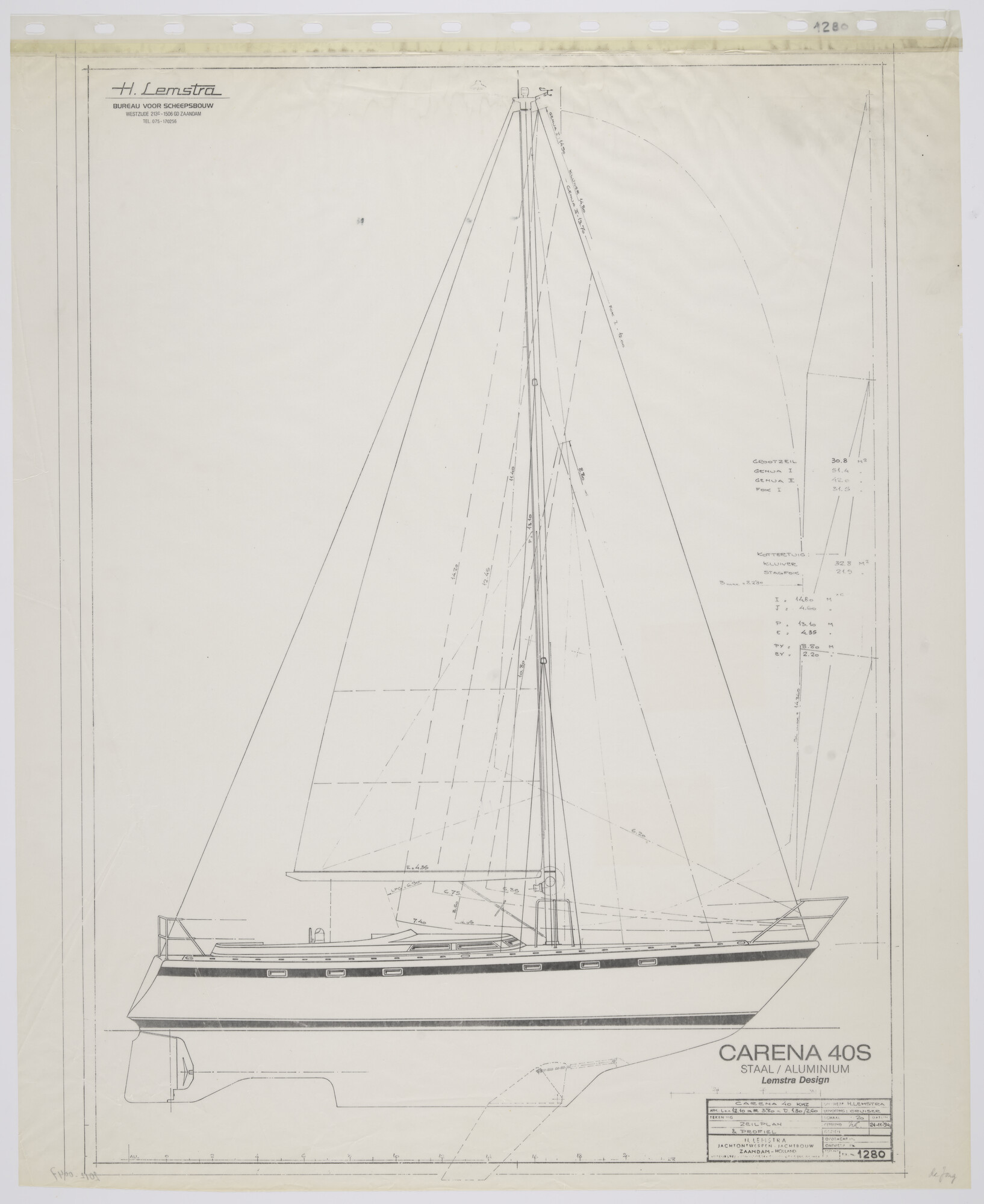 2012.0047; Zijaanzicht met zeilplan van een Carena 40'-S van 12.10 meter kiel-midzwaard; technische tekening