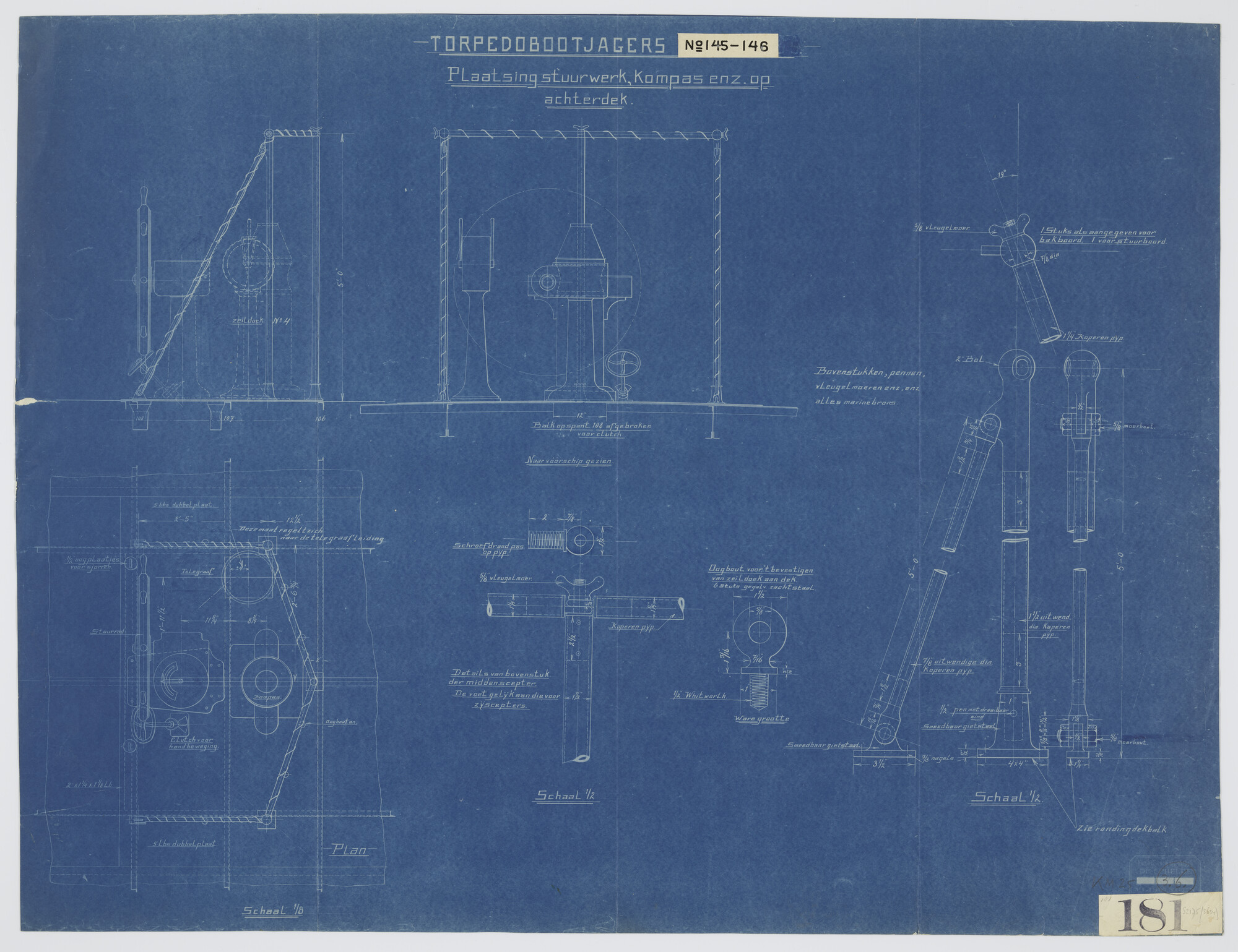 S.2175(3634); Doorsneden over de achterstuurinrichting met stuurstand, kompas, telegraaf etc op het achterdek aan boord van de torpedobootjagers Hr.Ms. 'Lynx' en Hr.Ms. 'Hermelijn'; technische tekening
