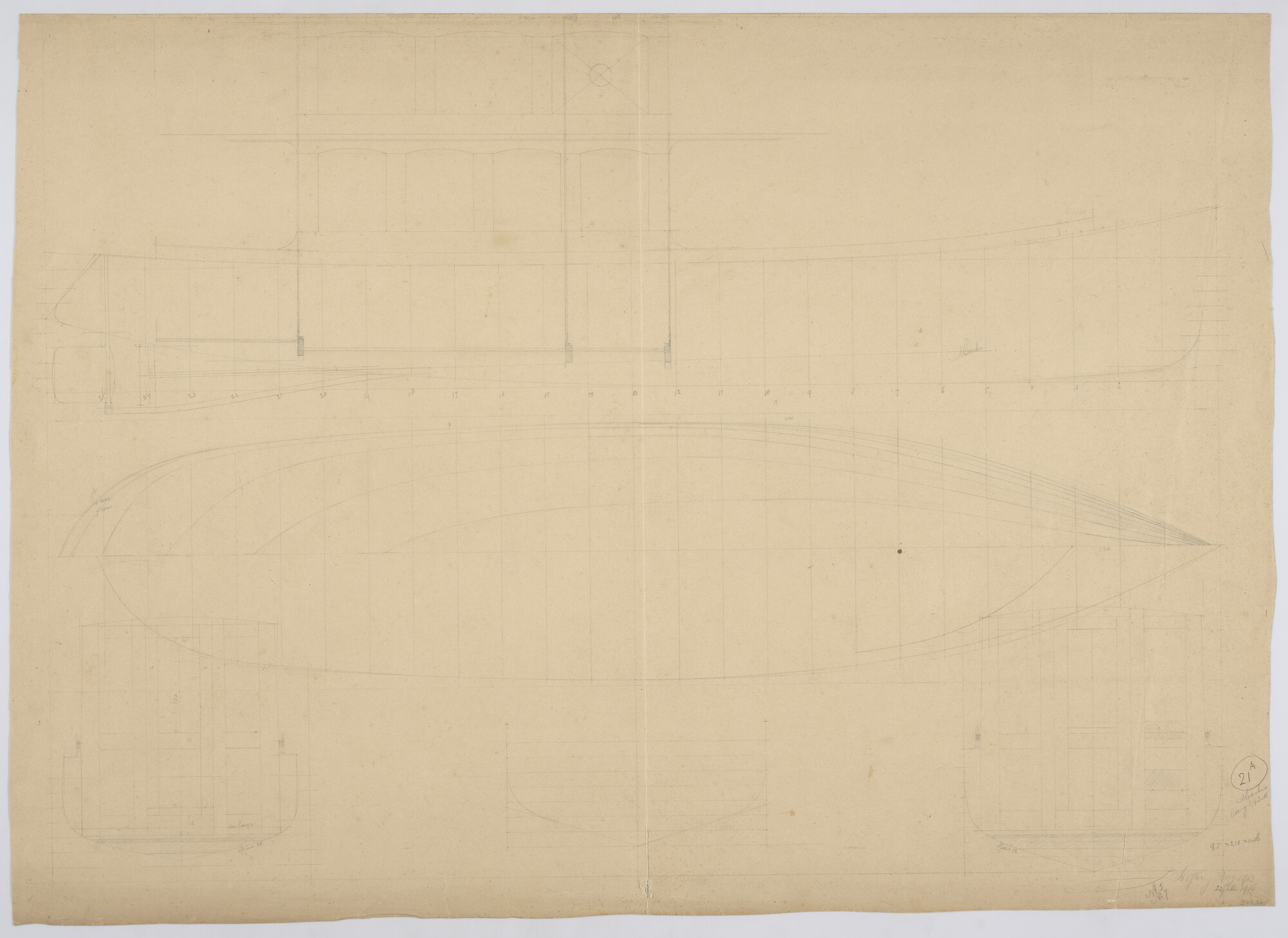 S.1225(03)23; Lijnentekening van een motorjacht, 1913 - 1916; technische tekening