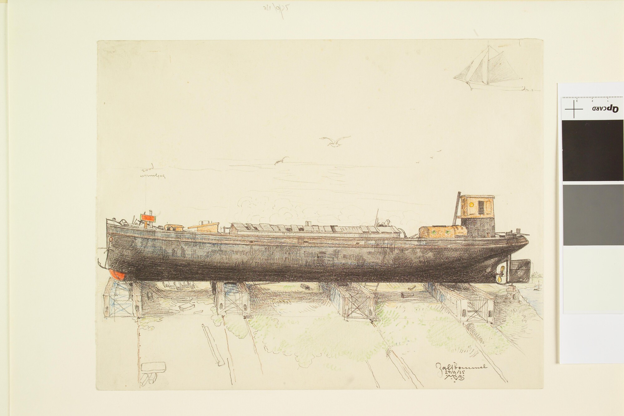A.2606(01)06; Een motorschip op een helling te Zaltbommel; tekening