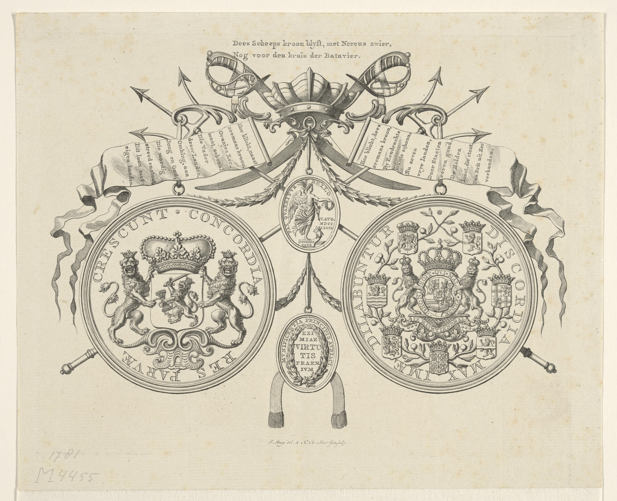 [vrl.nr. 21565]; Afbeelding van de gouden Doggersbank-medaille, uitgereikt door Willem V aan Admiraal Zoutman; prent