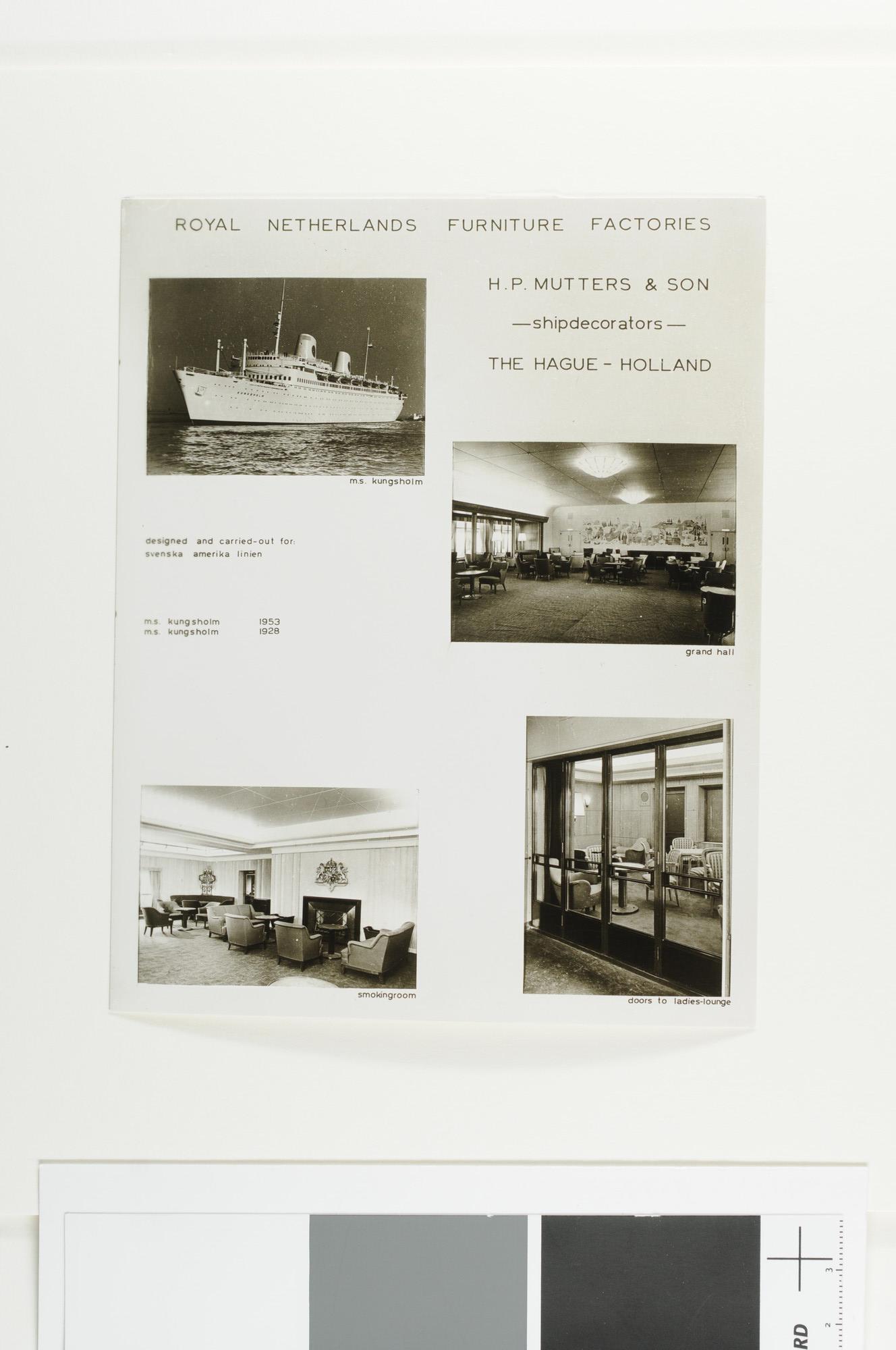 A.5023(16); Reproductiefoto van het Zweedse passagiersschip ms. 'Kungsholm' van de Svenka Amerika Linien en het scheepsinterieur ontworpen door H.P. Mutters & Zn; foto