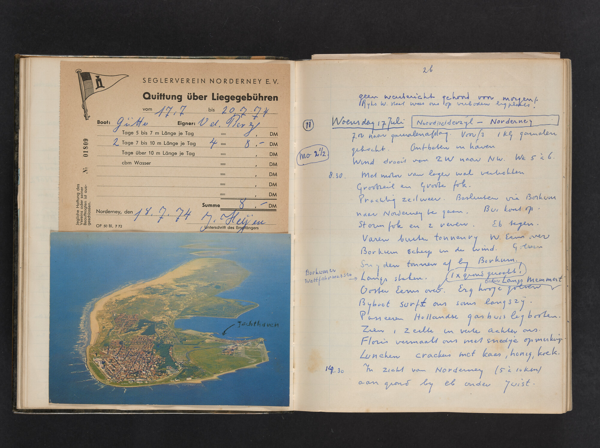 2017.0802; Logboek c.q. fotoalbum van reizen met zeeschouw Grutto (II) in Nederland, Duitsland en Denemarken, 1973-1974; logboek