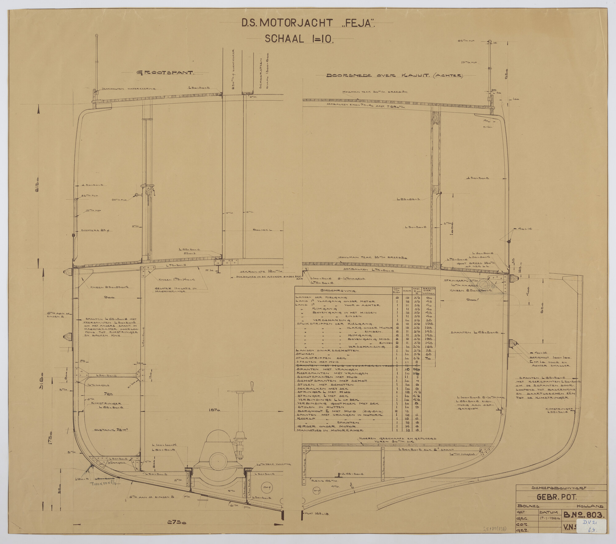 S.5184(838); Grootspant en dwarsdoorsnede over kajuit van het motorjacht 'Feja'; technische tekening