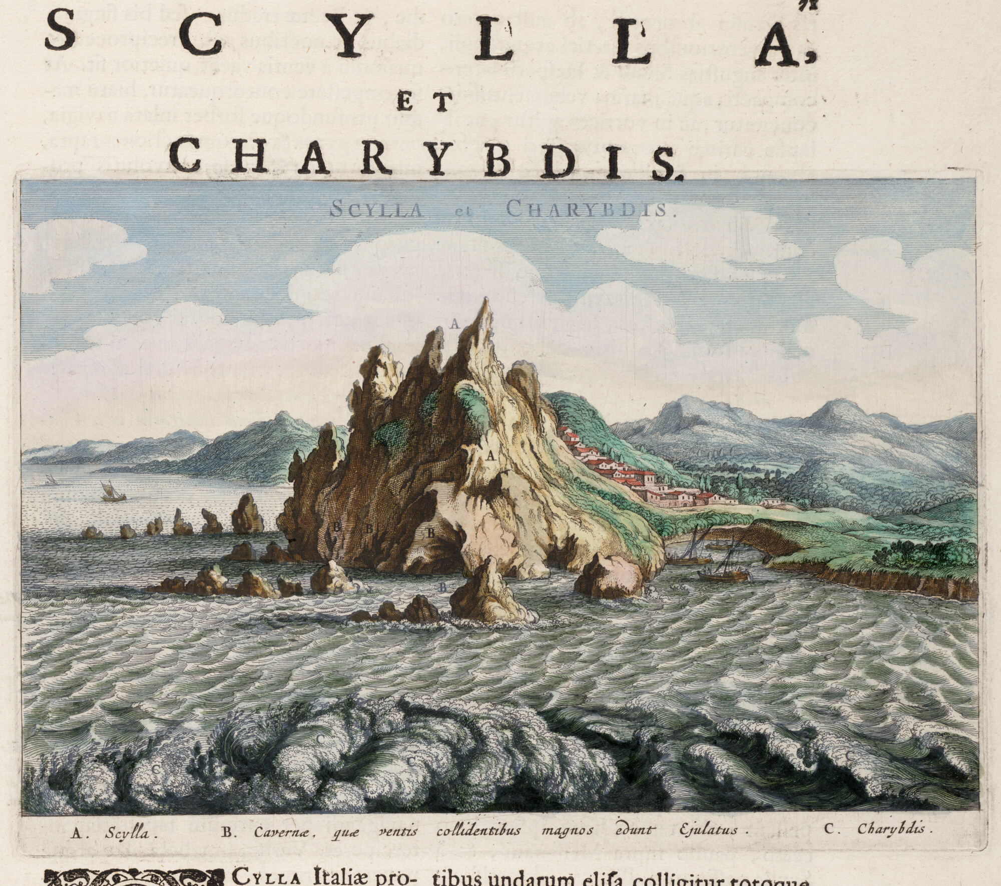 S.1034(12) [kaart 024]; Gezicht op de draaikolken van Scylla en Charybdis in de Straat van Messina; prent