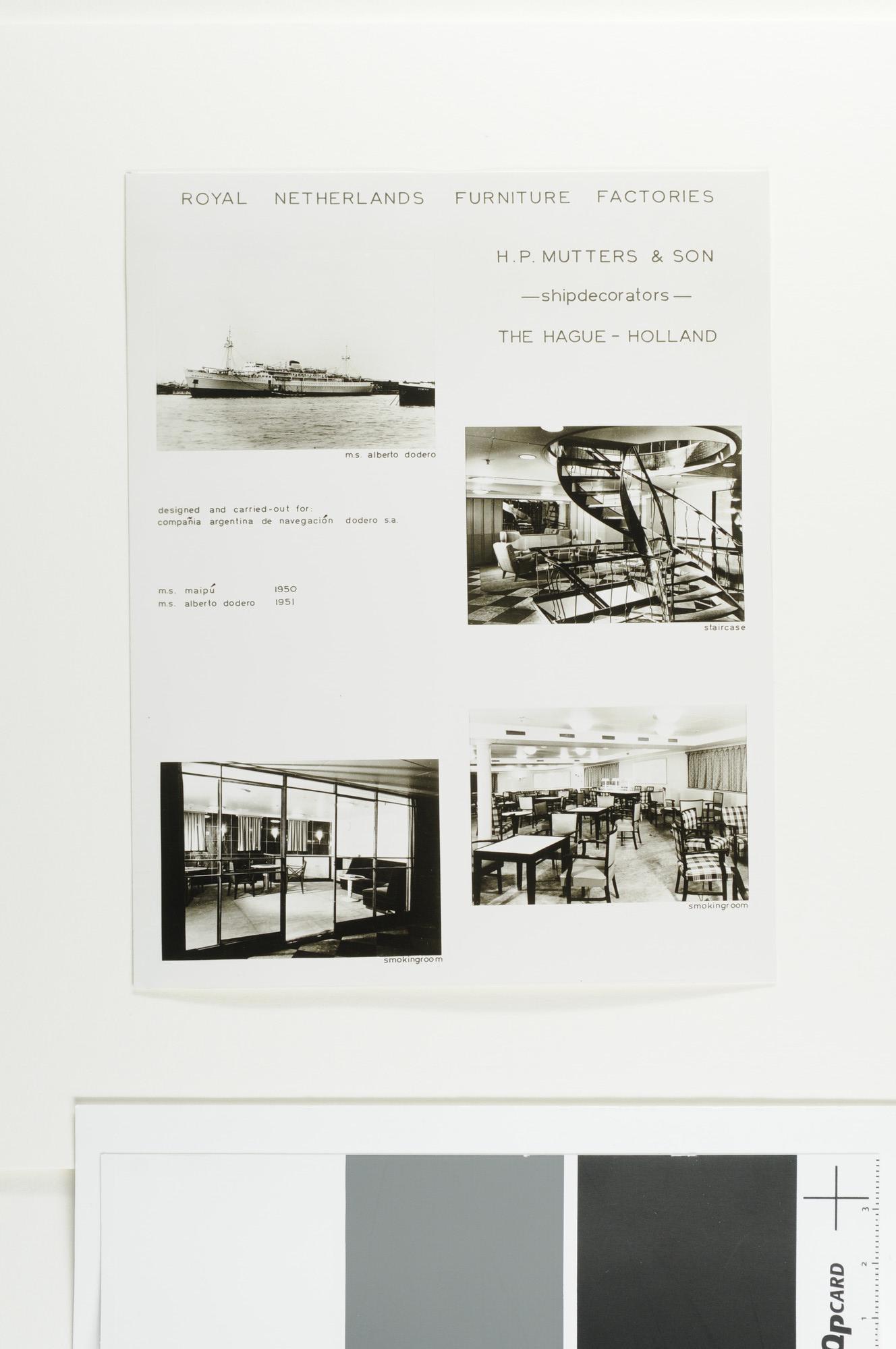 A.5023(12); Reproductiefoto van het Argentijnse passagiersschip ms. 'Alberto Dodero' en het scheepsinterieur ontworpen door H.P. Mutters & Zn; foto