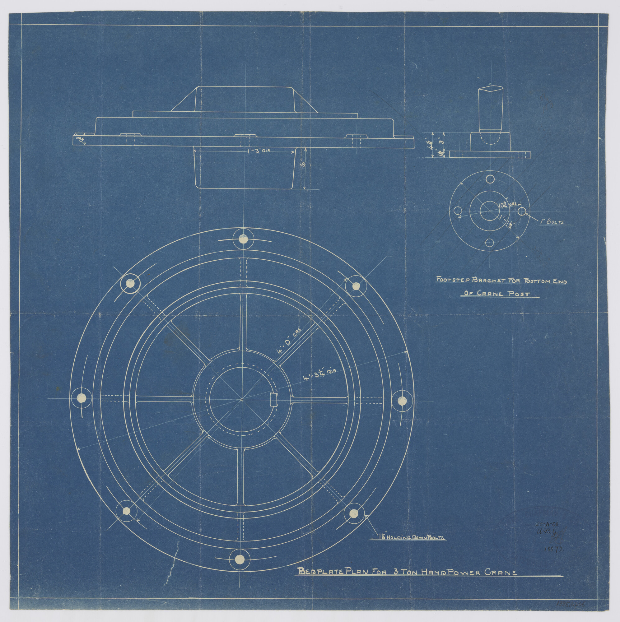 1995.4706; Fundatieplaat voor kraan van een motorlichter; technische tekening