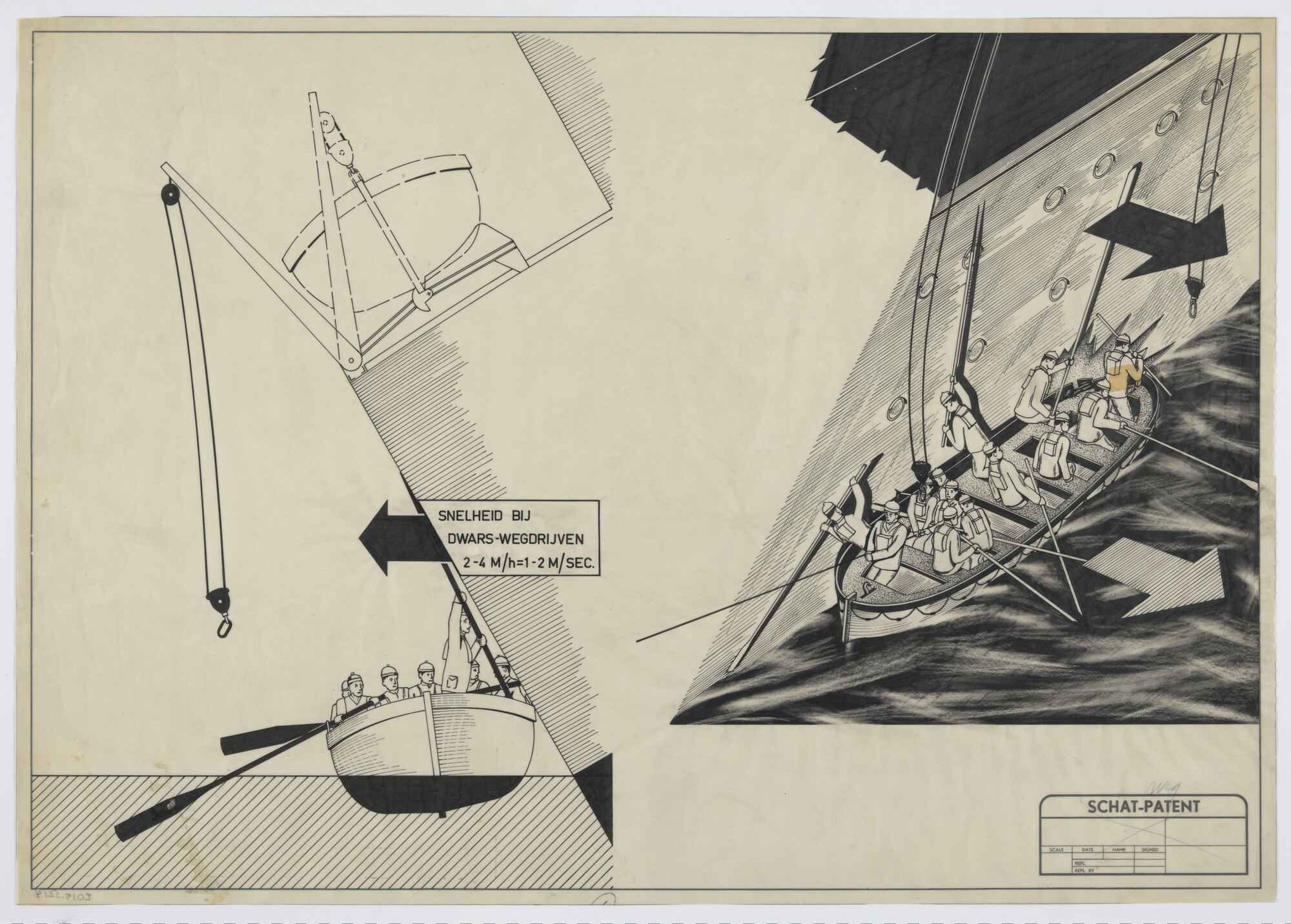 2015.5214; Het tewaterlaten van een reddingsloep met een klap tegen de huid van het slagzijmakend schip; technische tekening