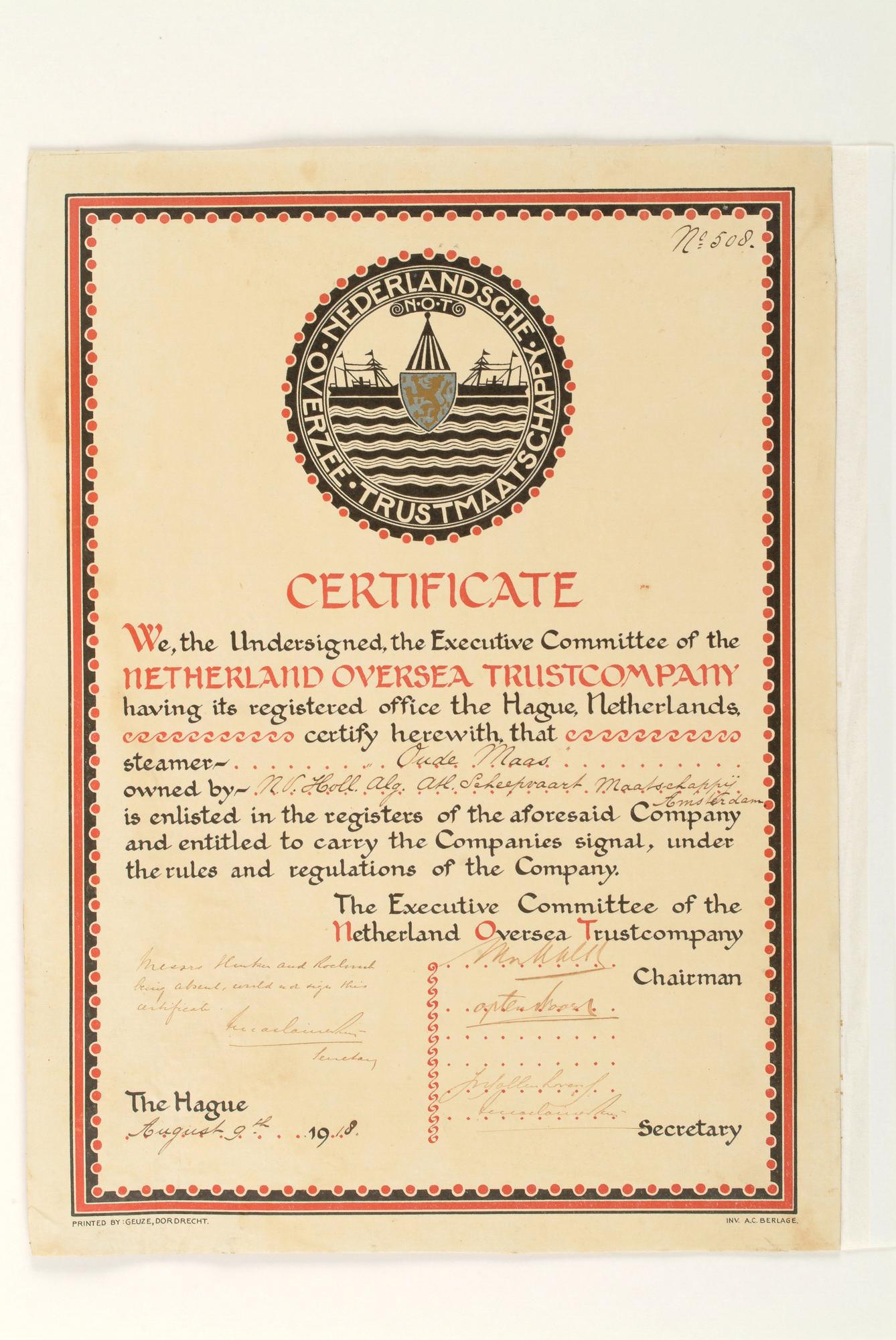 S.2616(04); Certificaat, waaruit blijkt dat het ss. 'Oude Maas' is ingeschreven; certificaat
