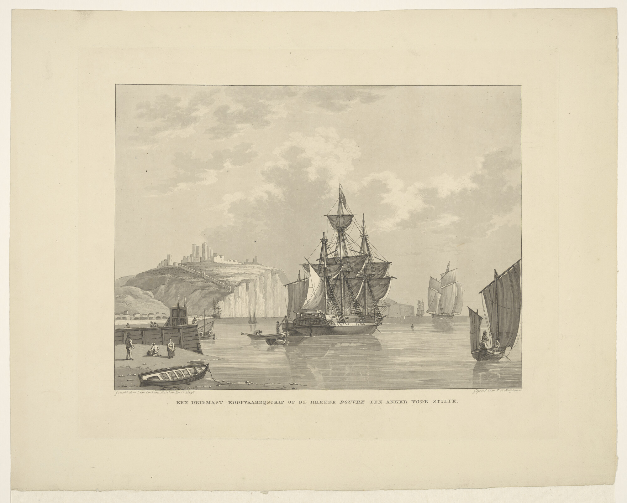 A.0149(0758); Een driemast koopvaardijschip voor anker op de rede van Dover; prent
