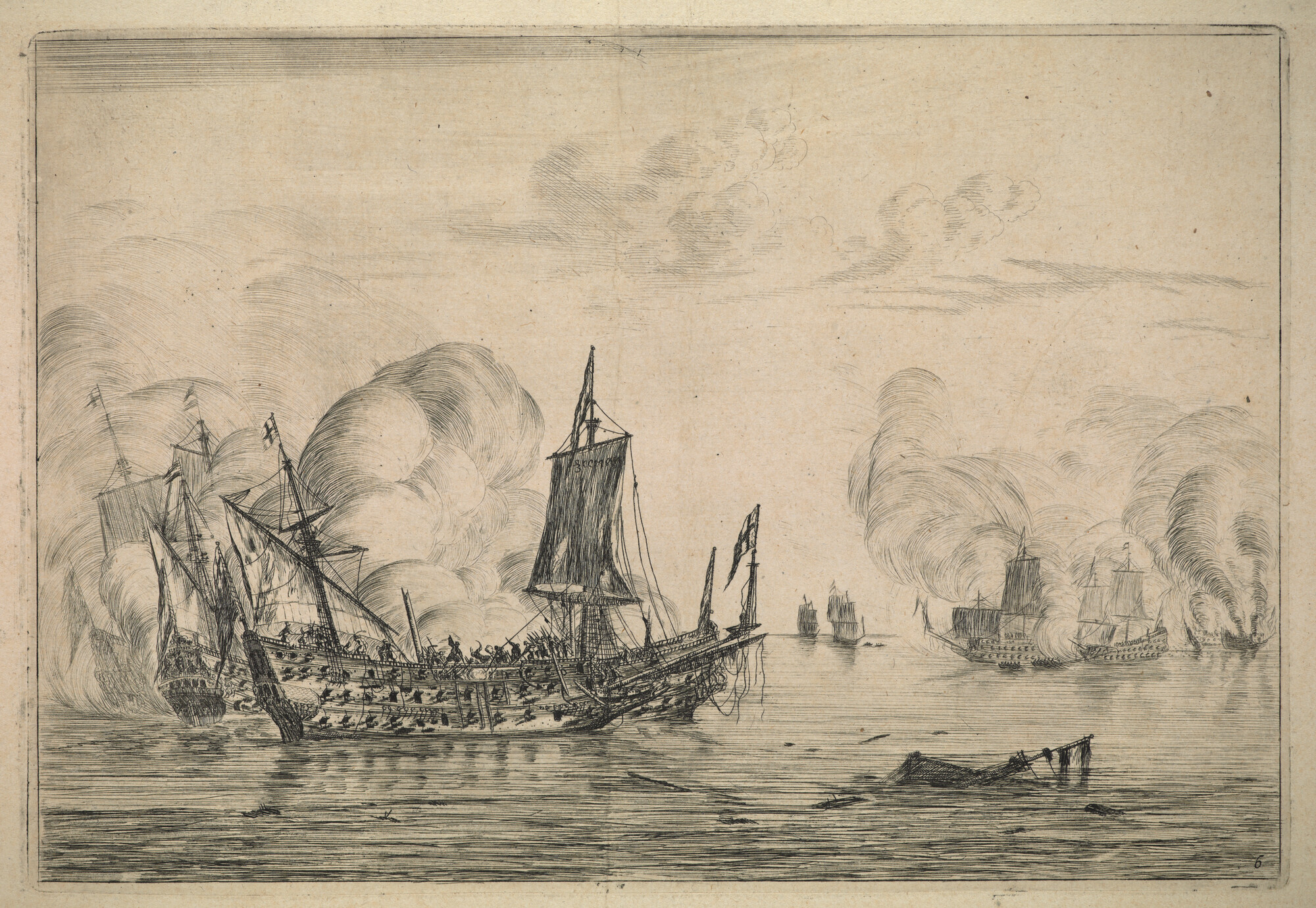 A.2737(15)6; Prent van een zwaar beschadigd Engels schip, waarop aan dek wordt gevochten; prent