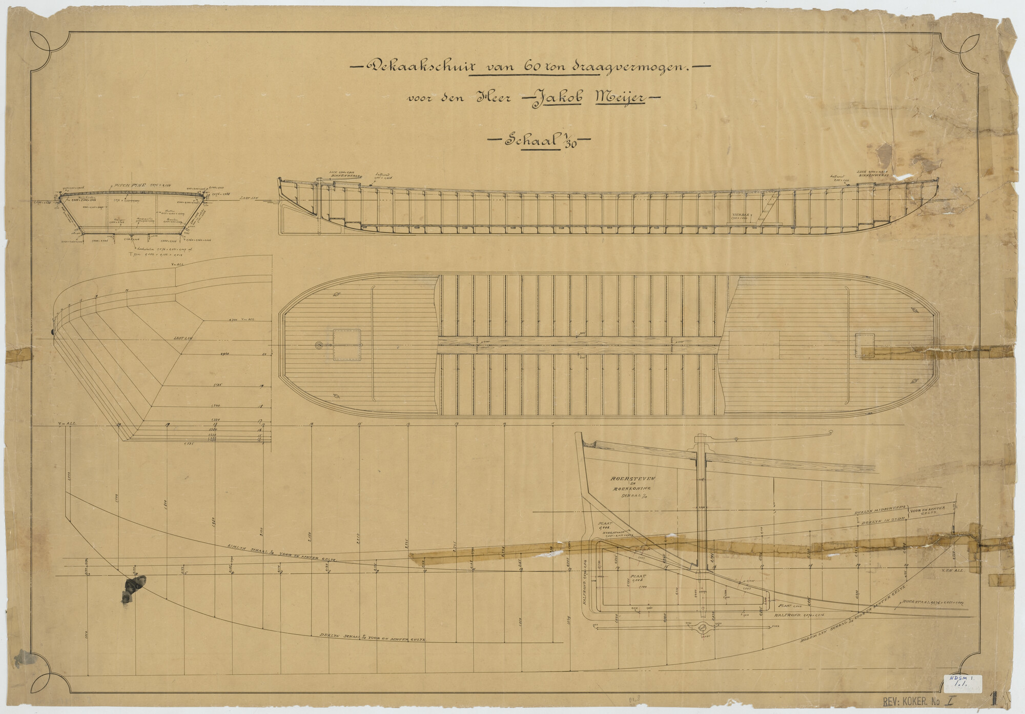 S.5444(001.01); Algemeen plan, roersteven en roerkoning van de stalen dekschuit Lomboks Glorie; technische tekening