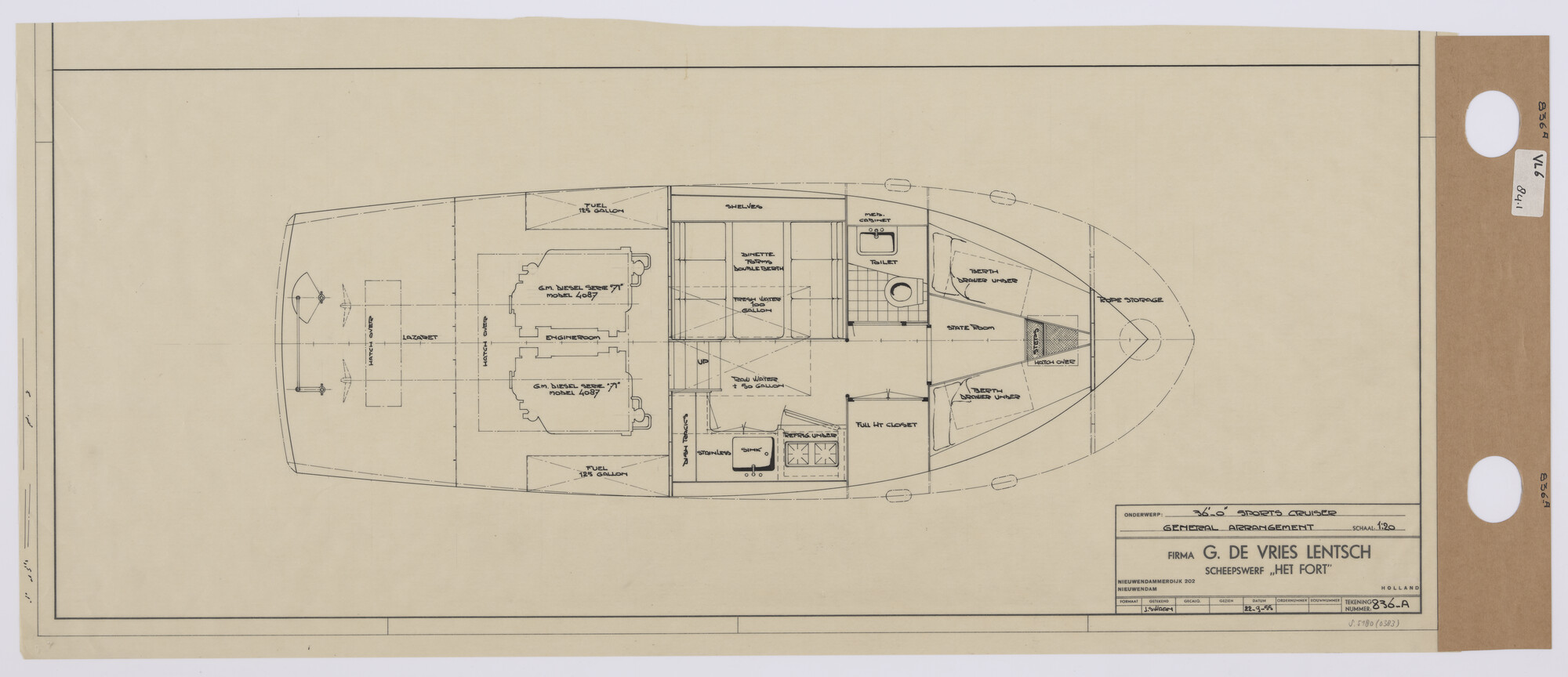 S.5180(0383); Indelingsplan van een motorkruiser; technische tekening