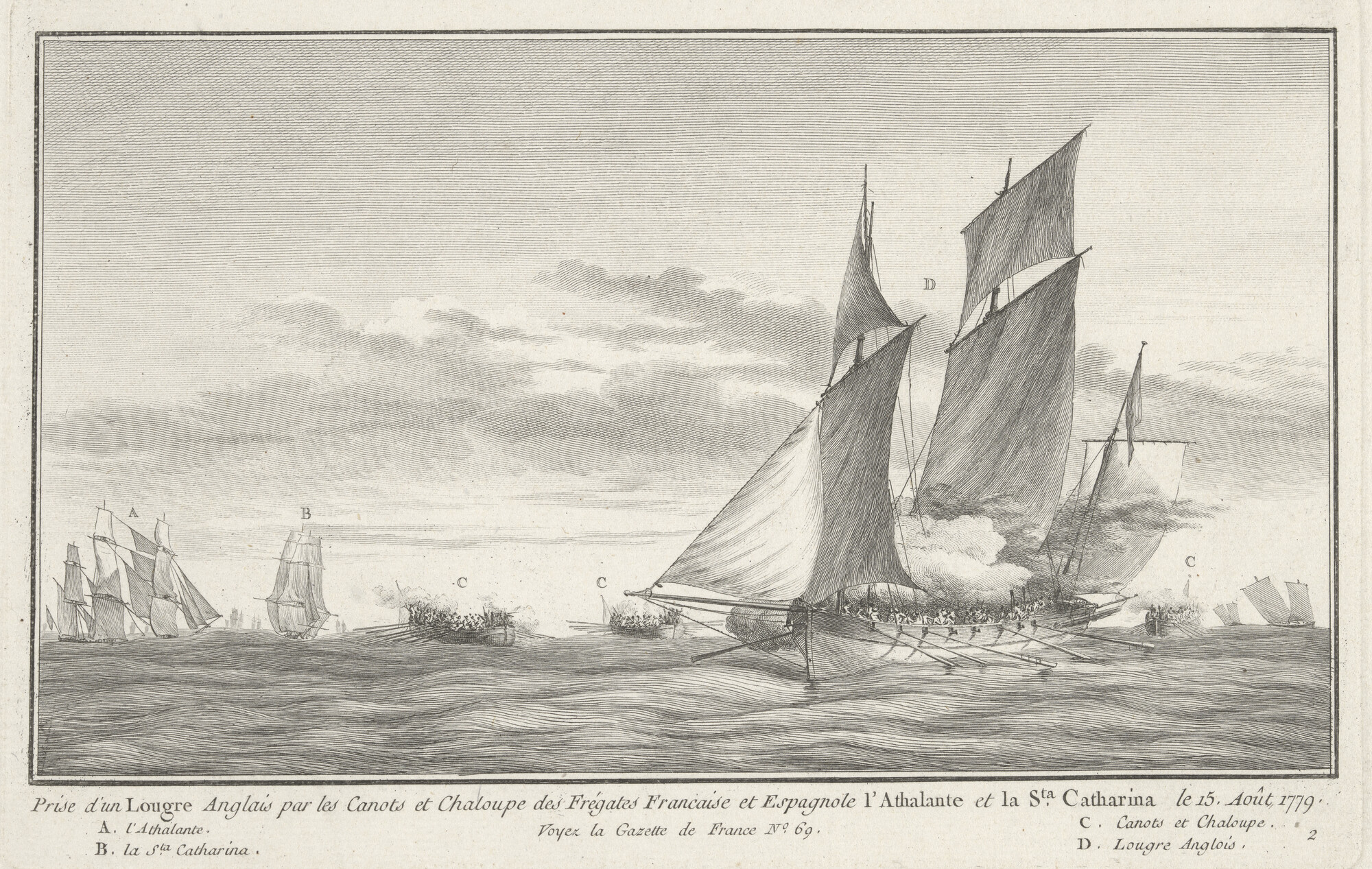 S.1603(24) [nr 0001]; Het nemen van een Engelse logger doorsloepen van een Frans en een Spaans schip; prent
