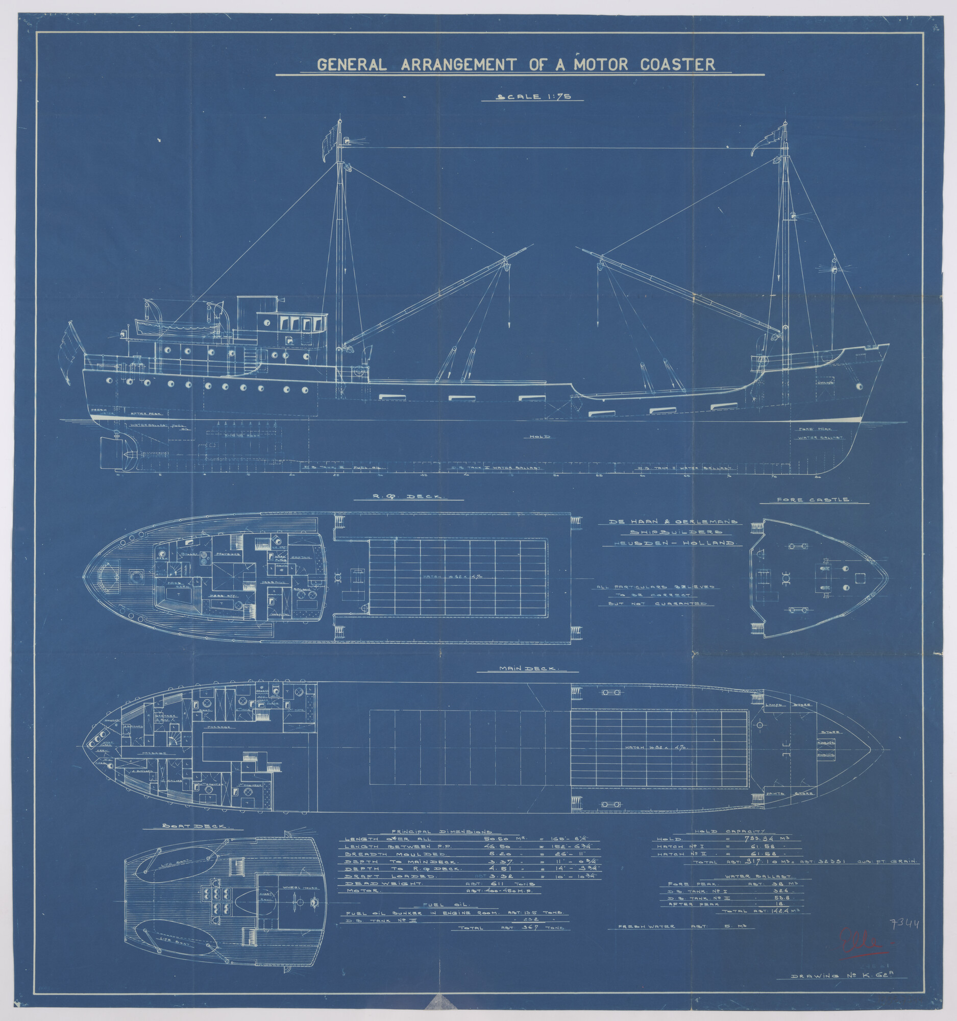1995.7344; Algemeen plan (1:75) van onder andere de coaster ms. 'Elle' van Wasa ss. Comp; technische tekening