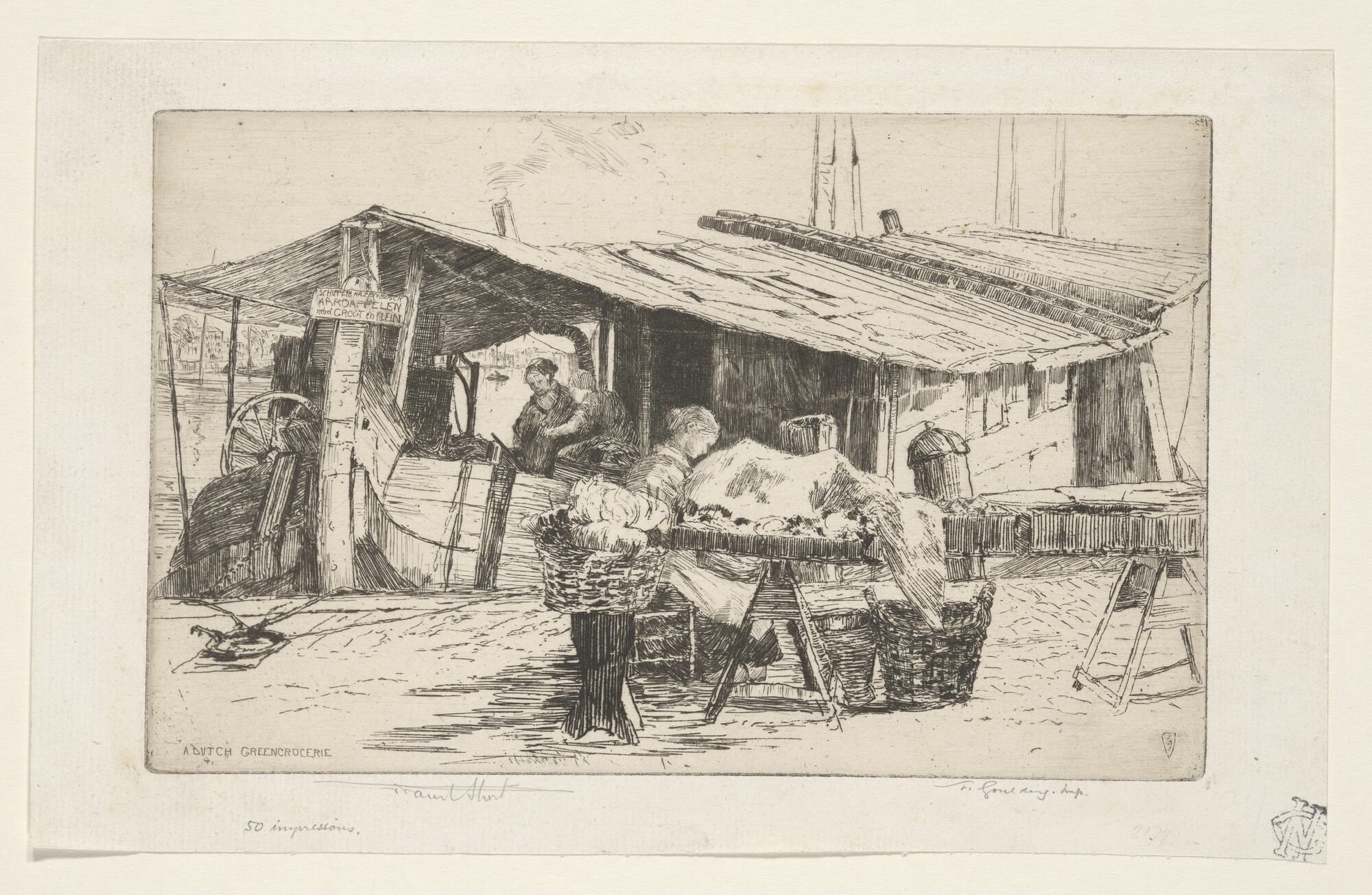 A.5593(01); Een groentewinkel aan boord van een poon; prent