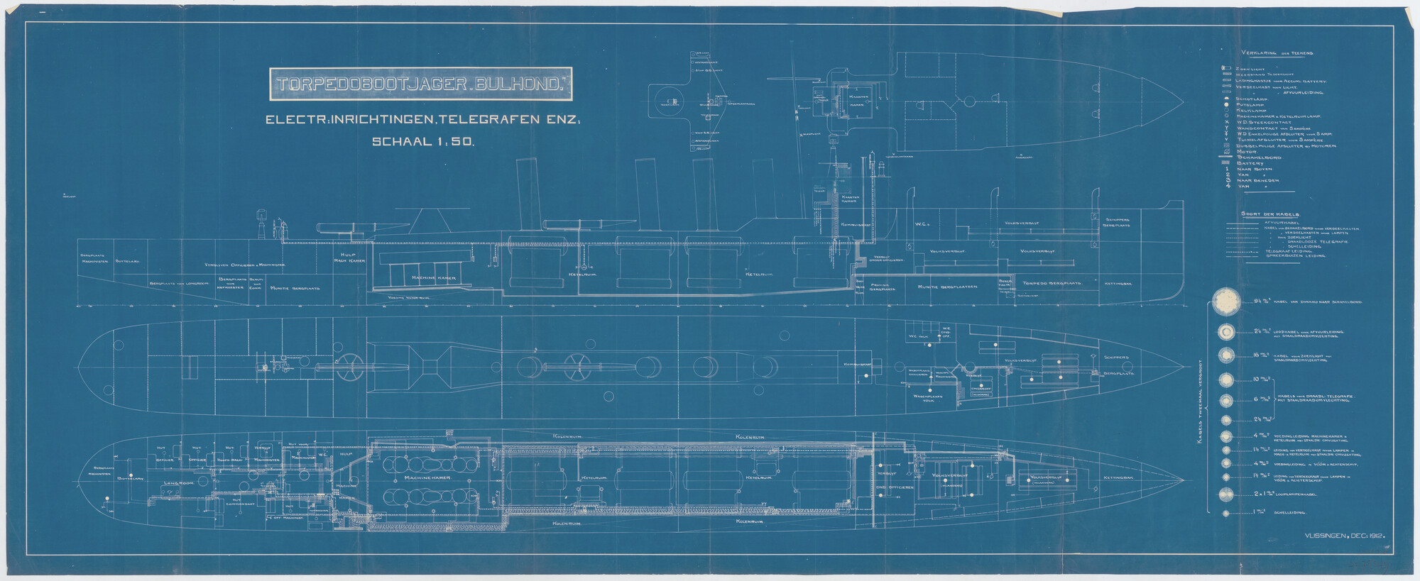 S.2175(3679); Elektrische installatie aan boord van de torpedobootjager Hr.Ms. 'Bulhond'; technische tekening
