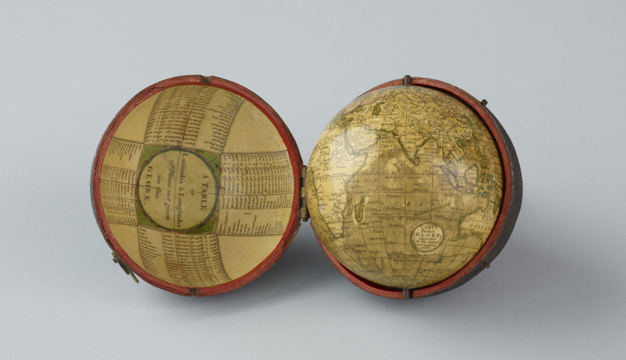 A.0145(025)11; Aardglobe in zakformaat van 7,75 cm. in doorsnede in foedraal, door John en William Cary, Londen, 1791; globe