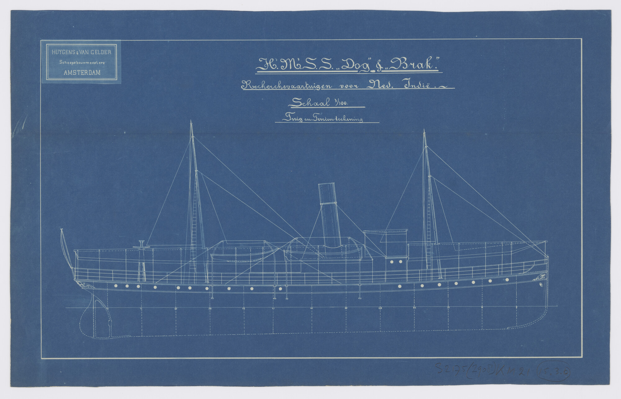 S.2175(2908); Zijaanzicht van de stoomschepen voor de gouvernementsmarine Hr.Ms. Dog en Hr.Ms. Brak; technische tekening
